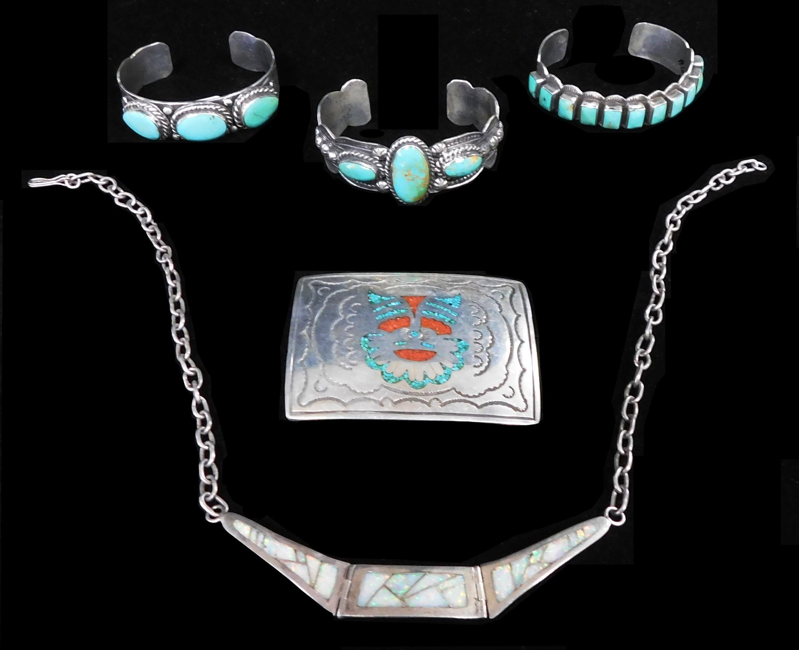 JEWELRY: Five pieces of Native American / Southwest style jewelry, including three silver cuff (1 of 3)