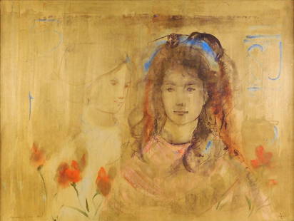 Edna Hibel (Massachusetts, 1917-2015), "Unique and Oil", mixed media, contemporary portrait of young: Edna Hibel (Massachusetts, 1917-2015), "Unique and Oil", mixed media, contemporary portrait of young woman facing viewer and a second image in near profile, titled lower left, signed lower right, fram