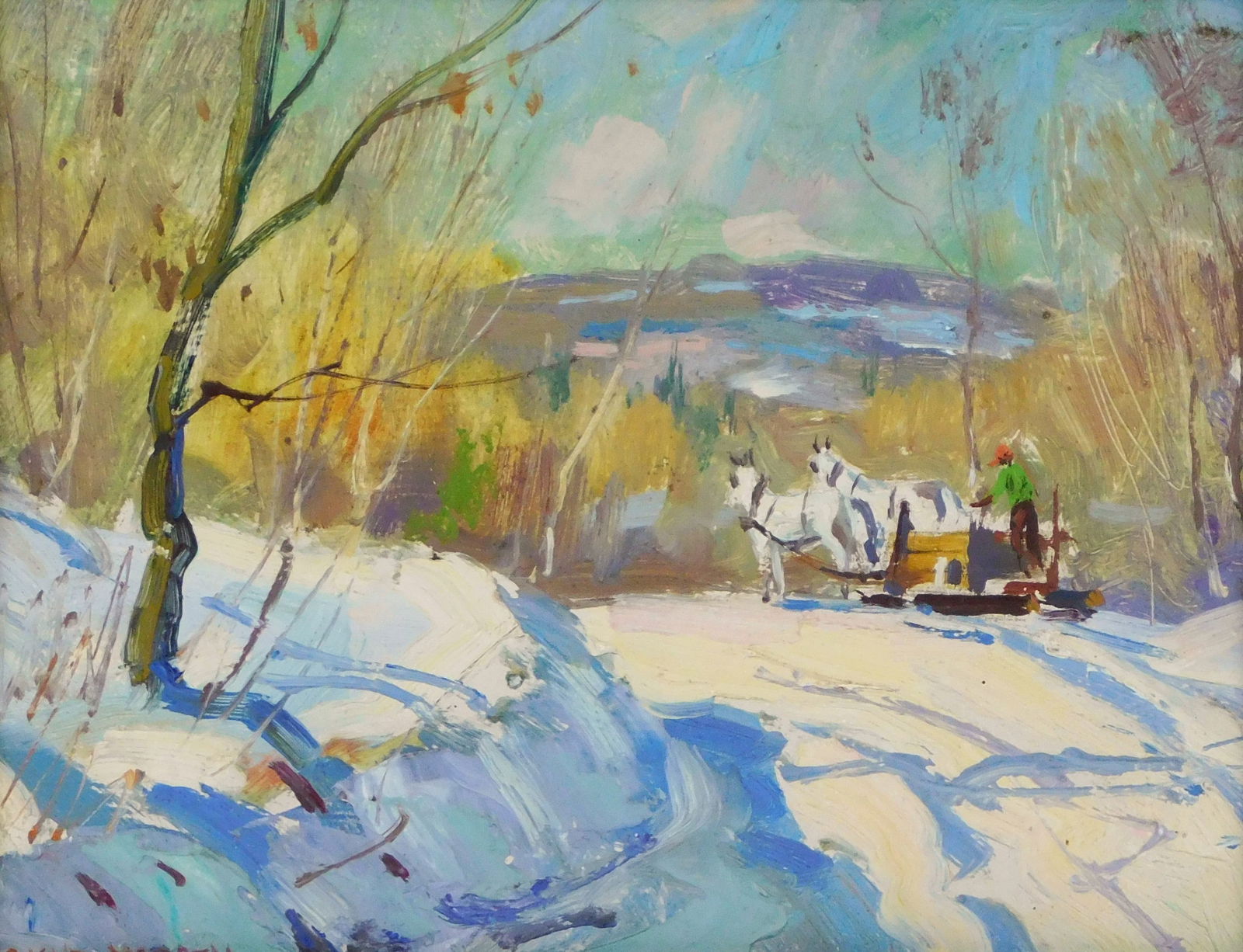 Wayne Morrell (Massachusetts, 1923-2013), oil on board, winter landscape of a workman riding a two (1 of 3)