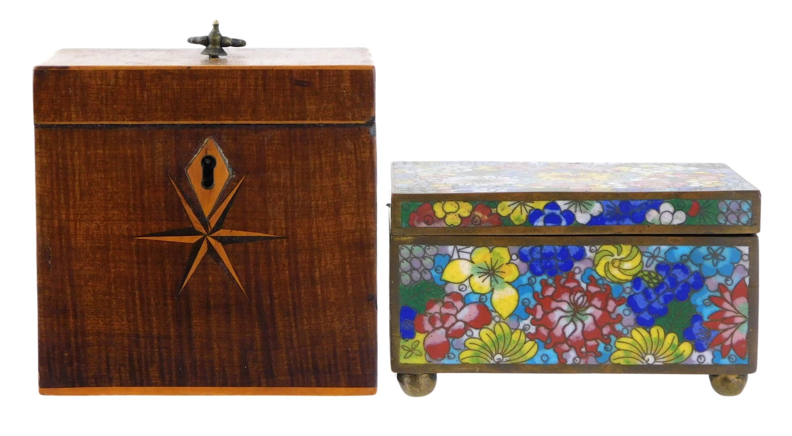 Two small hinged lid boxes, including: Georgian style tea caddy, with inlaid stars to top and front, (1 of 7)