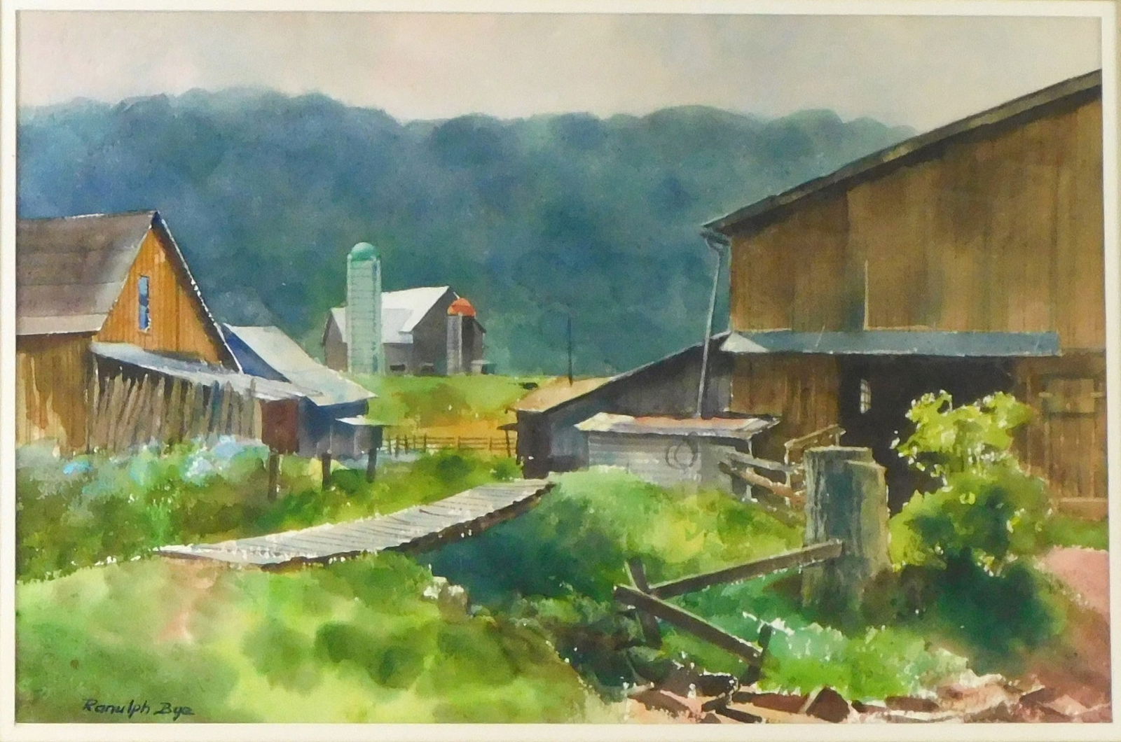 Ranulph Bye (Pennsylvania, 1916-2003), "Taylor Farm, Beach Glen, Pa.", 1984, watercolor on paper,: Ranulph Bye (Pennsylvania, 1916-2003), "Taylor Farm, Beach Glen, Pa.", 1984, watercolor on paper, traditional agricultural landscape depicting a plank bridge leading to barns, signed lower left, title