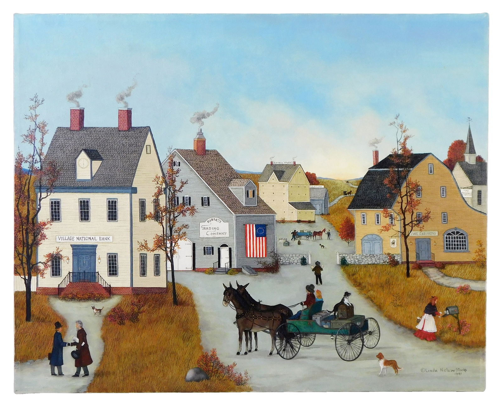 Linda Nelson Stocks (American, 1938 - 2011), "Roberts Trading Co.", 1991, oil on canvas, unframed, (1 of 7)