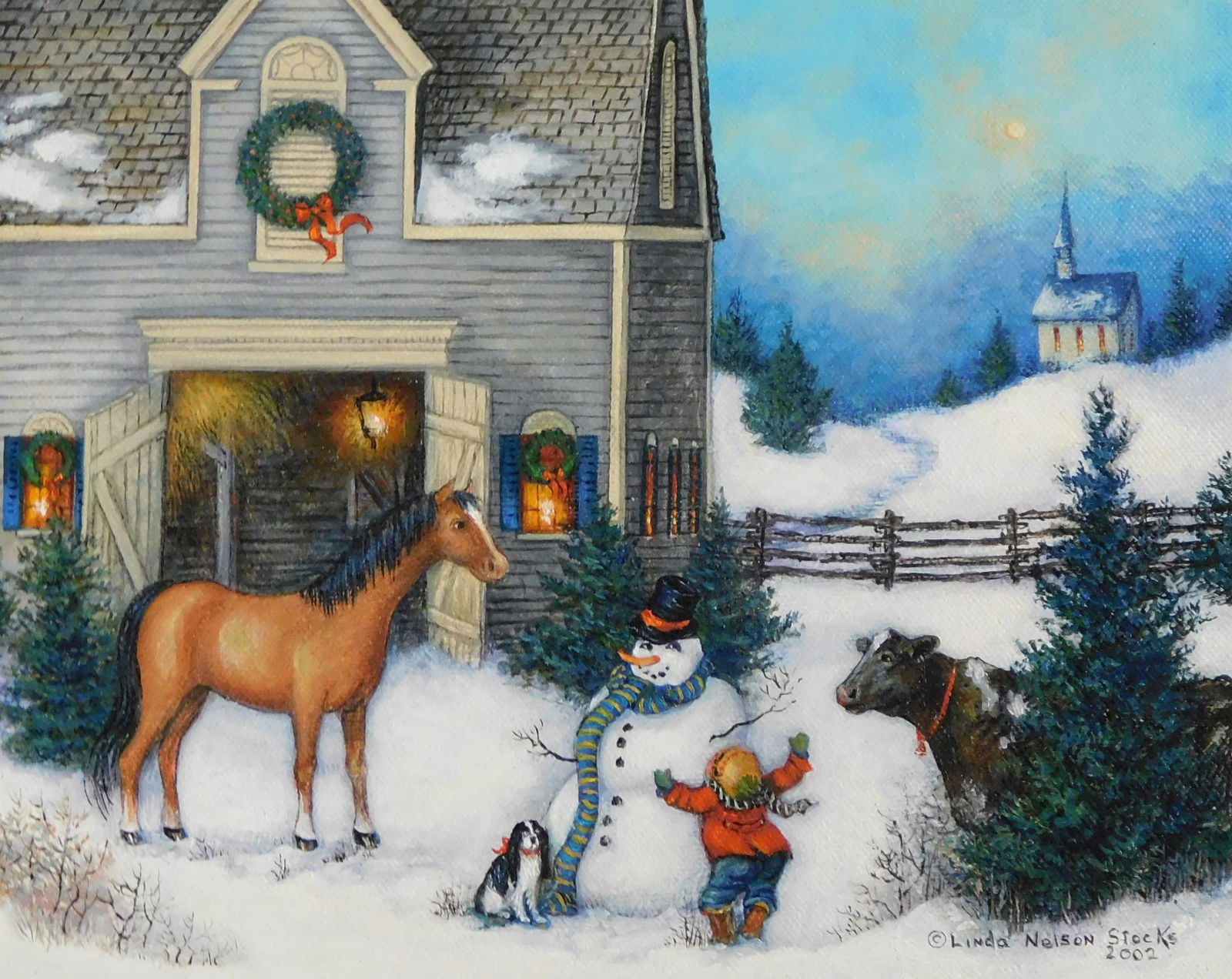 Linda Nelson Stocks (American, 1938 - 2011), "Snowman", 1991, oil on canvas, unframed, depicts a (1 of 4)