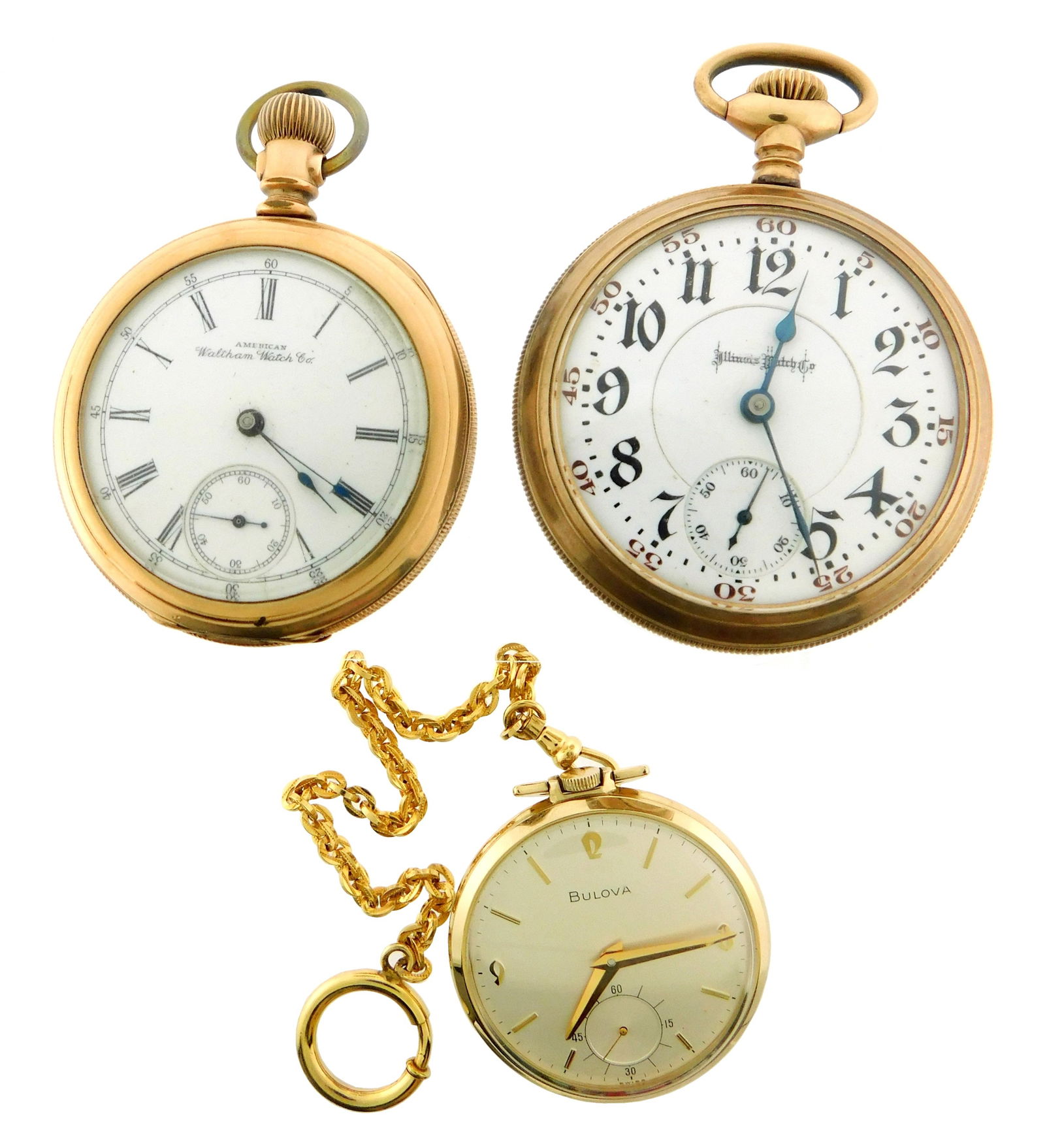 JEWELRY: Three gold filled pocket watches, including: open face Bulova pocket watch, silver dial (1 of 5)