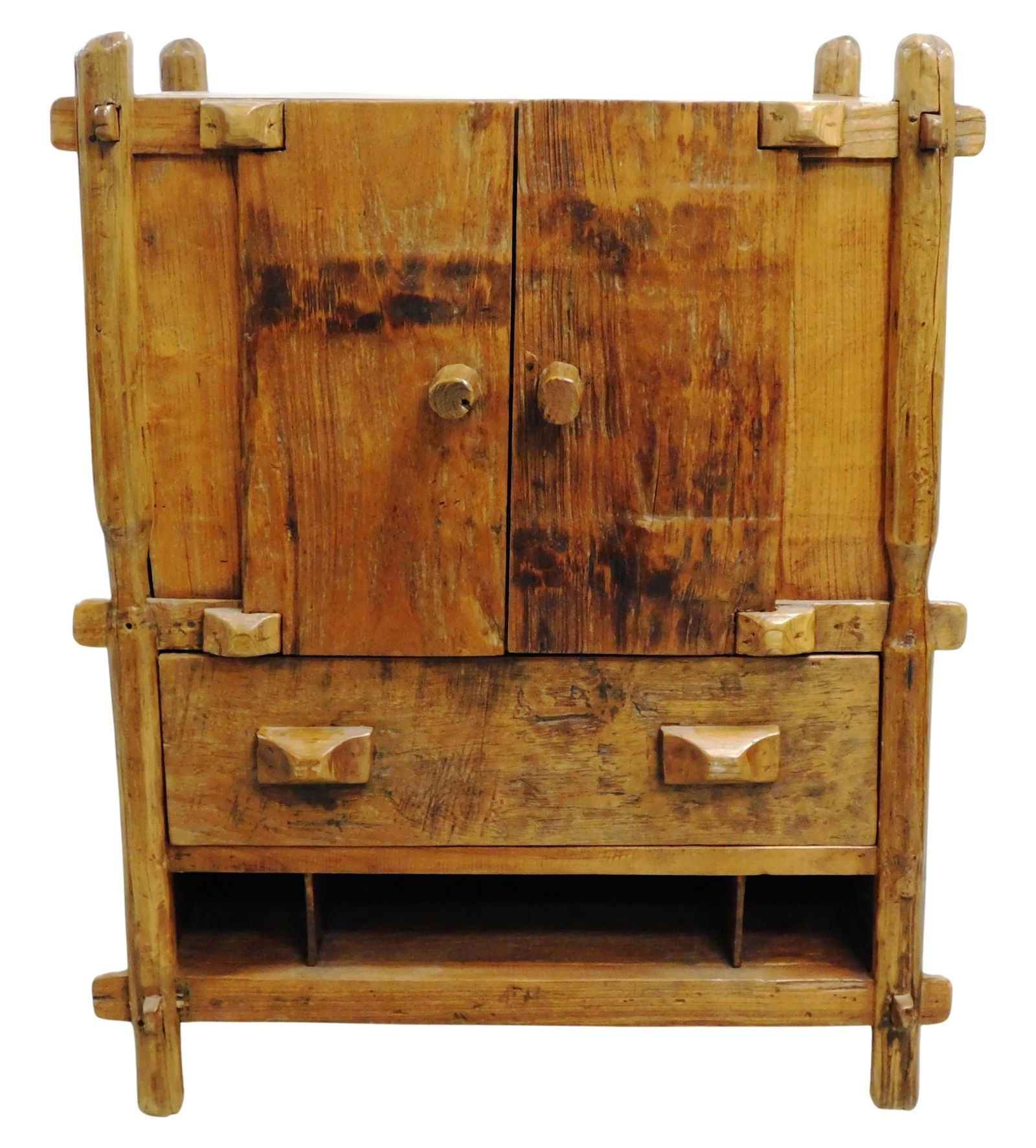 Rustic wooden chest, 20th C., Indonesian influence, with two door cabinet, lower drawer and bottom o (1 of 7)