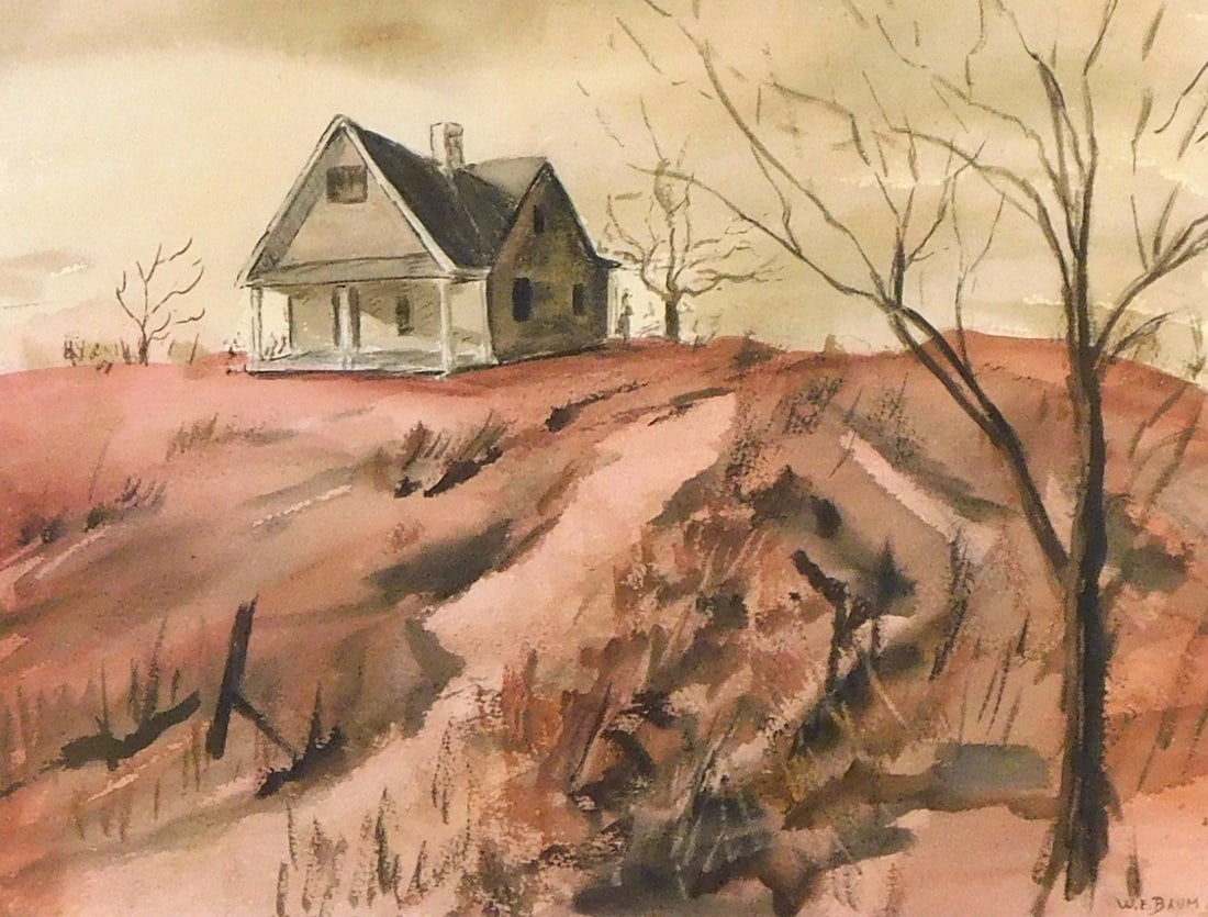 Walter Emerson Baum (Pennsylvania, 1884-1956), watercolor, evening scene of a single house on a (1 of 3)