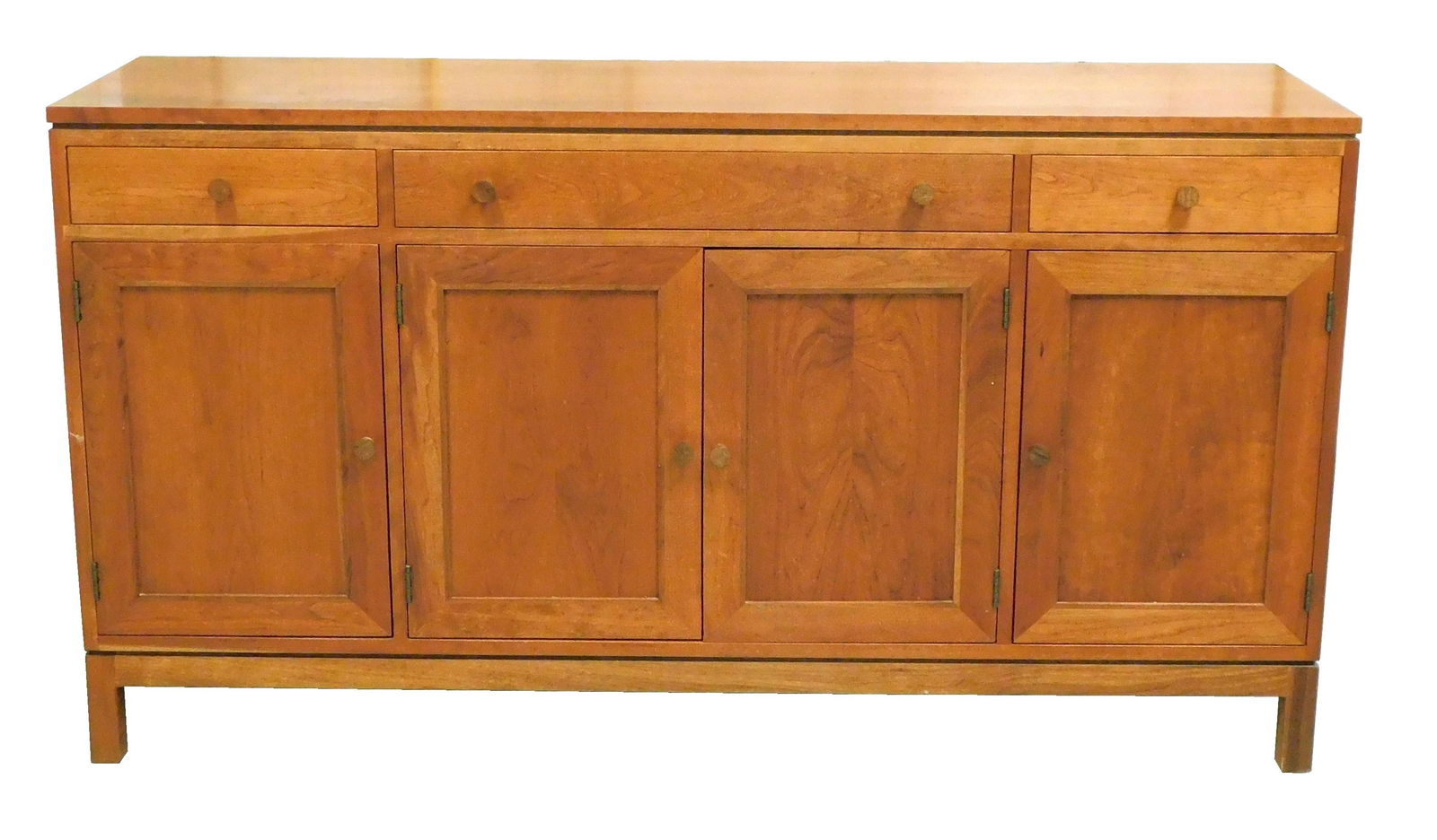 Contemporary Stickley sideboard, c. 2004, three drawers and three cabinets, cylindrical shaped (1 of 3)