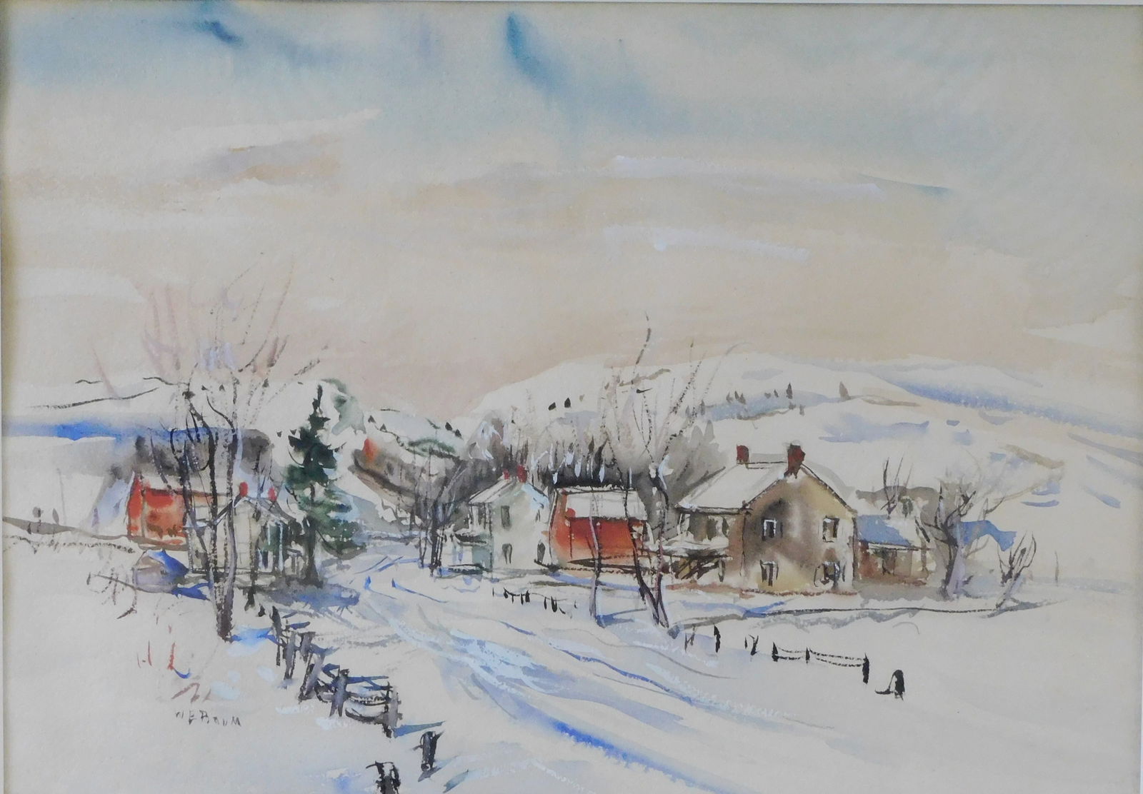 Walter Emerson Baum (Pennsylvania, 1884-1956), watercolor on paper, snow scene of road flanked by (1 of 3)
