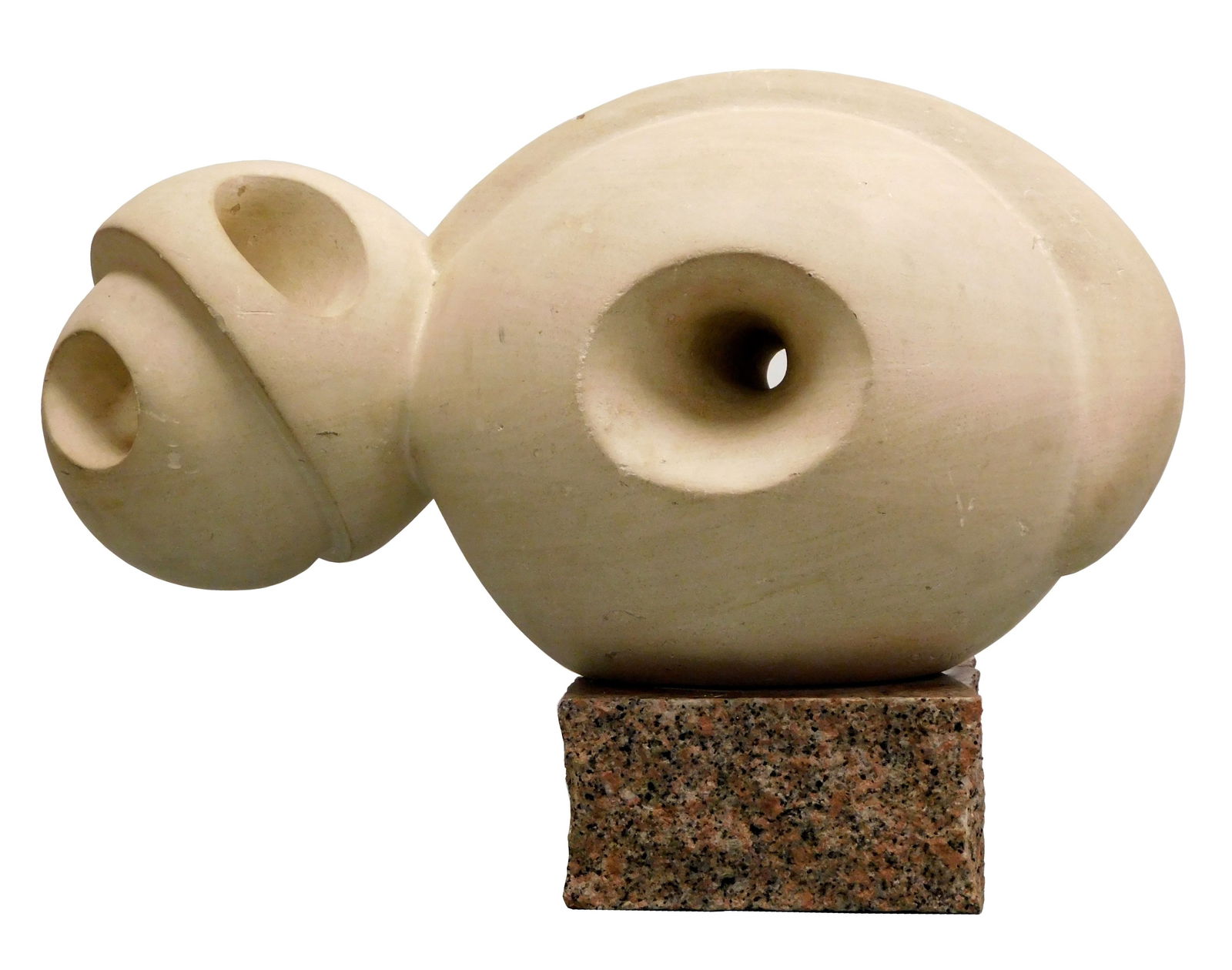 SCULPTURE: Modern white stone sculpture, geometric curved abstract with carved holes, resting on (1 of 3)