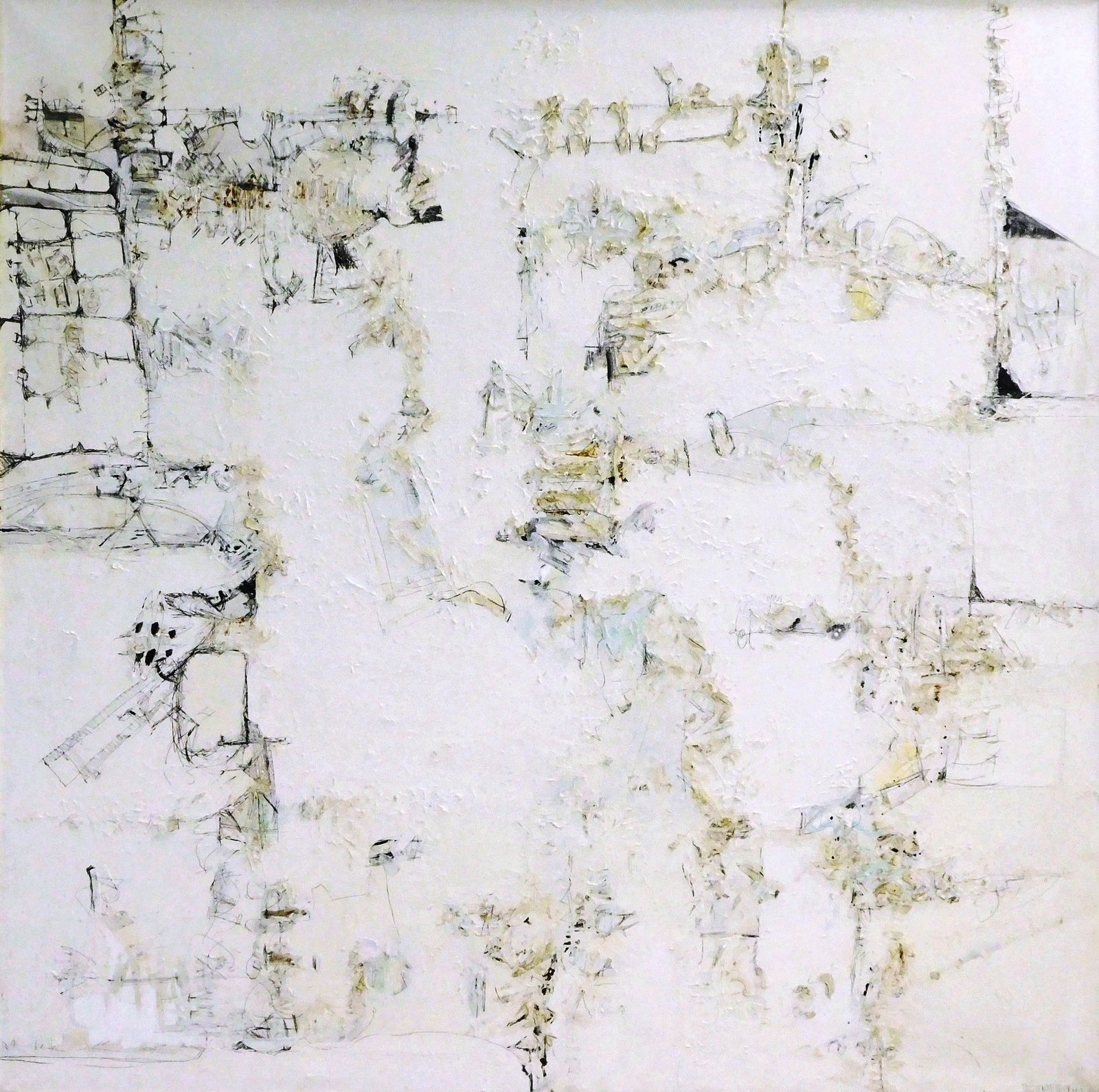 Malcolm Morley (British/American, 1931-2018), c. 1962, oil/ mixed media, abstract, mostly white with: Malcolm Morley (British/American, 1931-2018), c. 1962, oil/ mixed media, abstract, mostly white with black pencil and crayon, signed and dated lower right in pencil, framed, wear consistent with age,