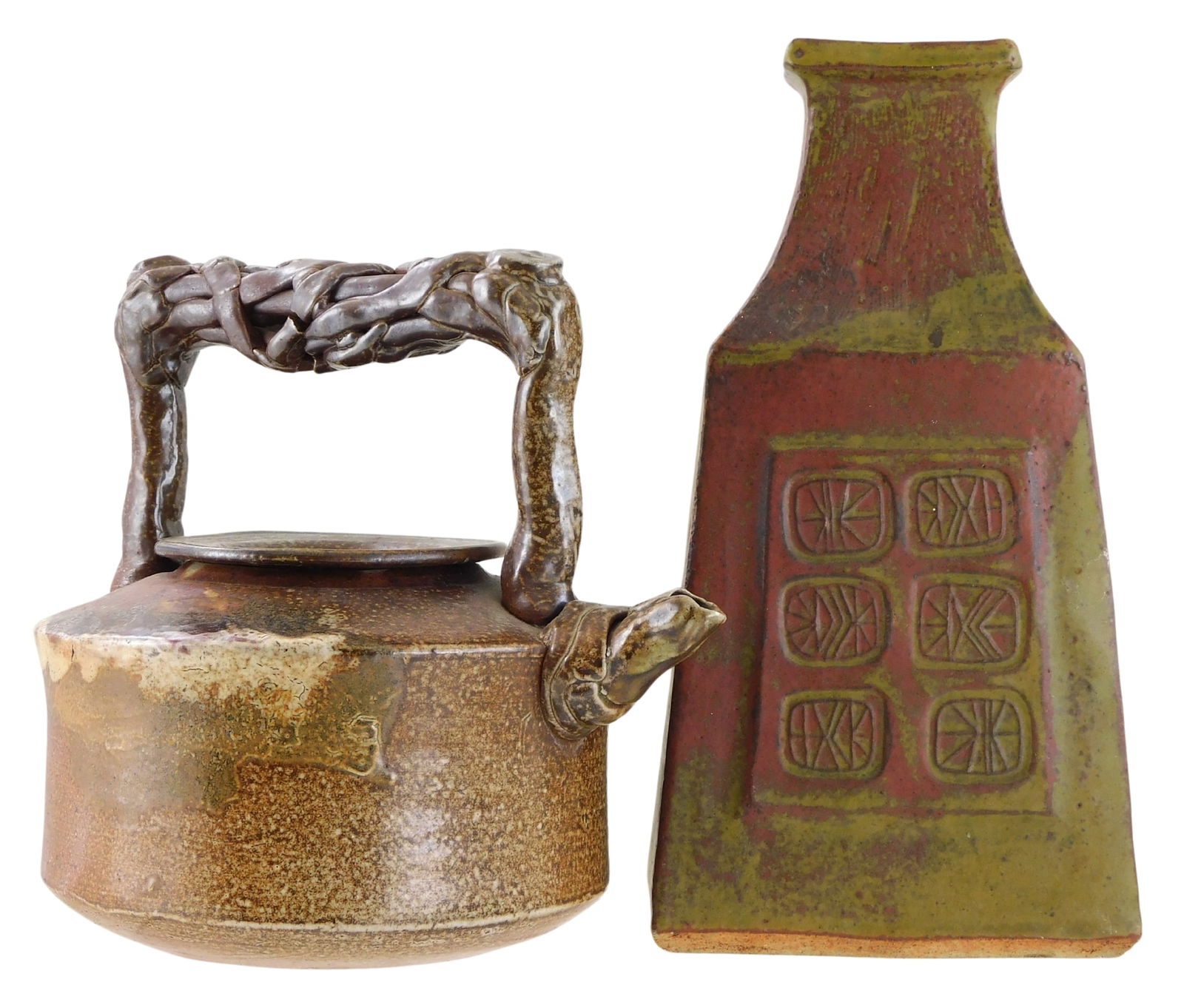 ART POTTERY: Two contemporary pieces of art pottery, including: teapot with ornately formed leaf and (1 of 7)