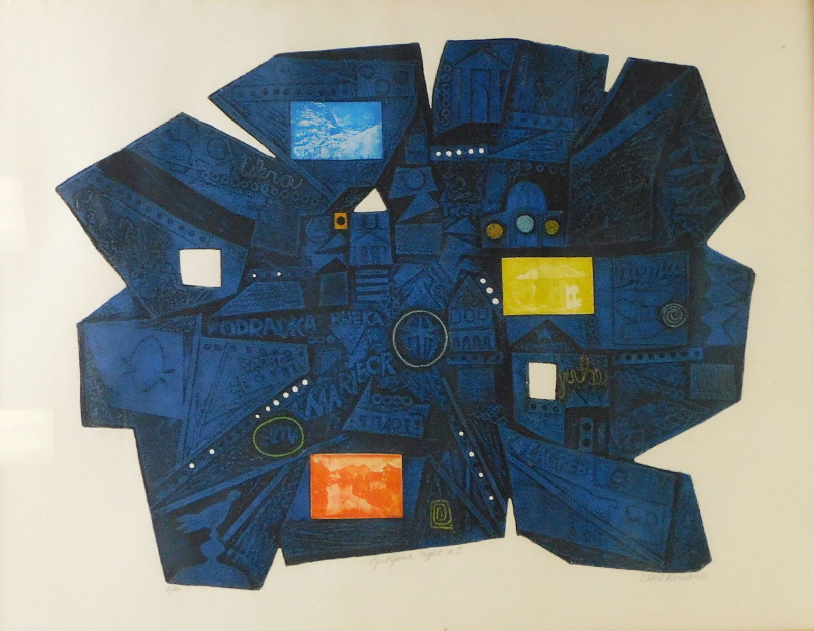 Clare Romano (American,1922-2017 ), "Ljubljana Night #1", color collagraph , ed. 4/60, circa 1960's, (1 of 5)