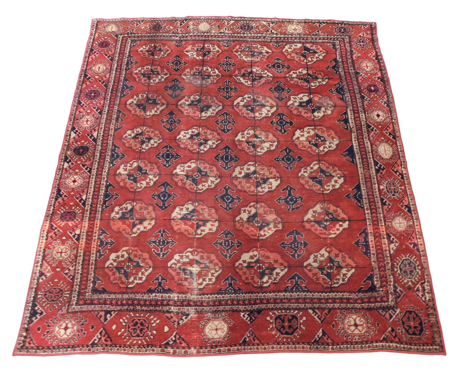 RUG: Semi-antique Bokhara, 9' 5" x 8' 10", red field with repeating large Afghan guls, machine (1 of 3)