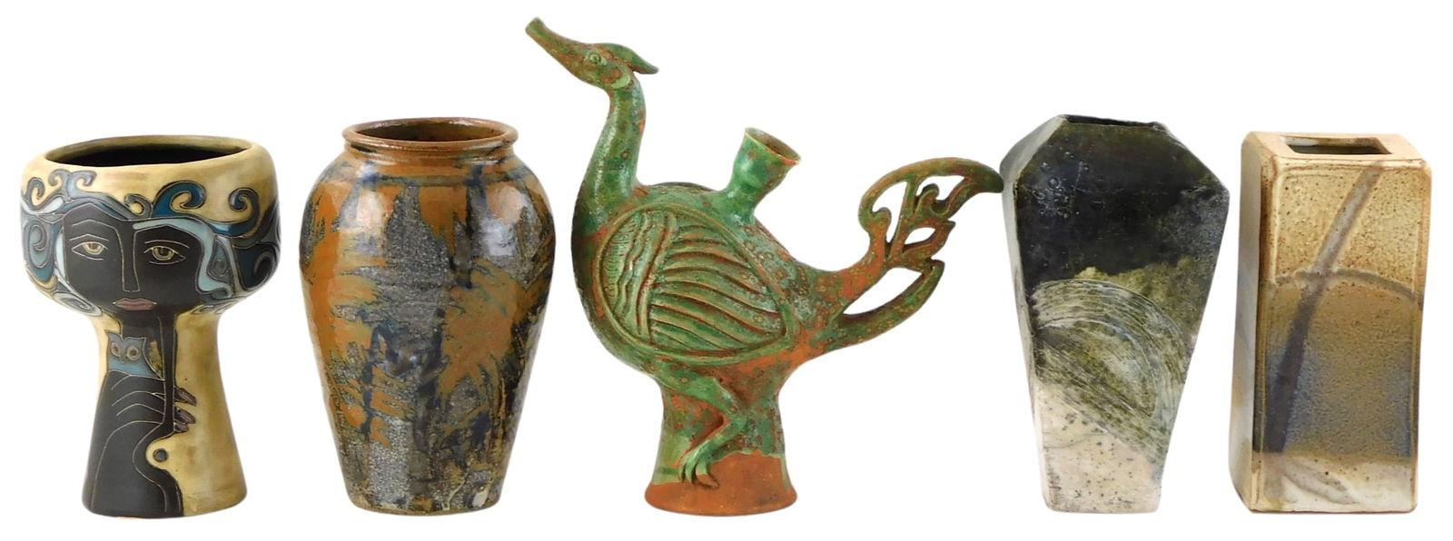 ART POTTERY: Six pieces of contemporary art pottery, various makers, including: terracotta green (1 of 8)