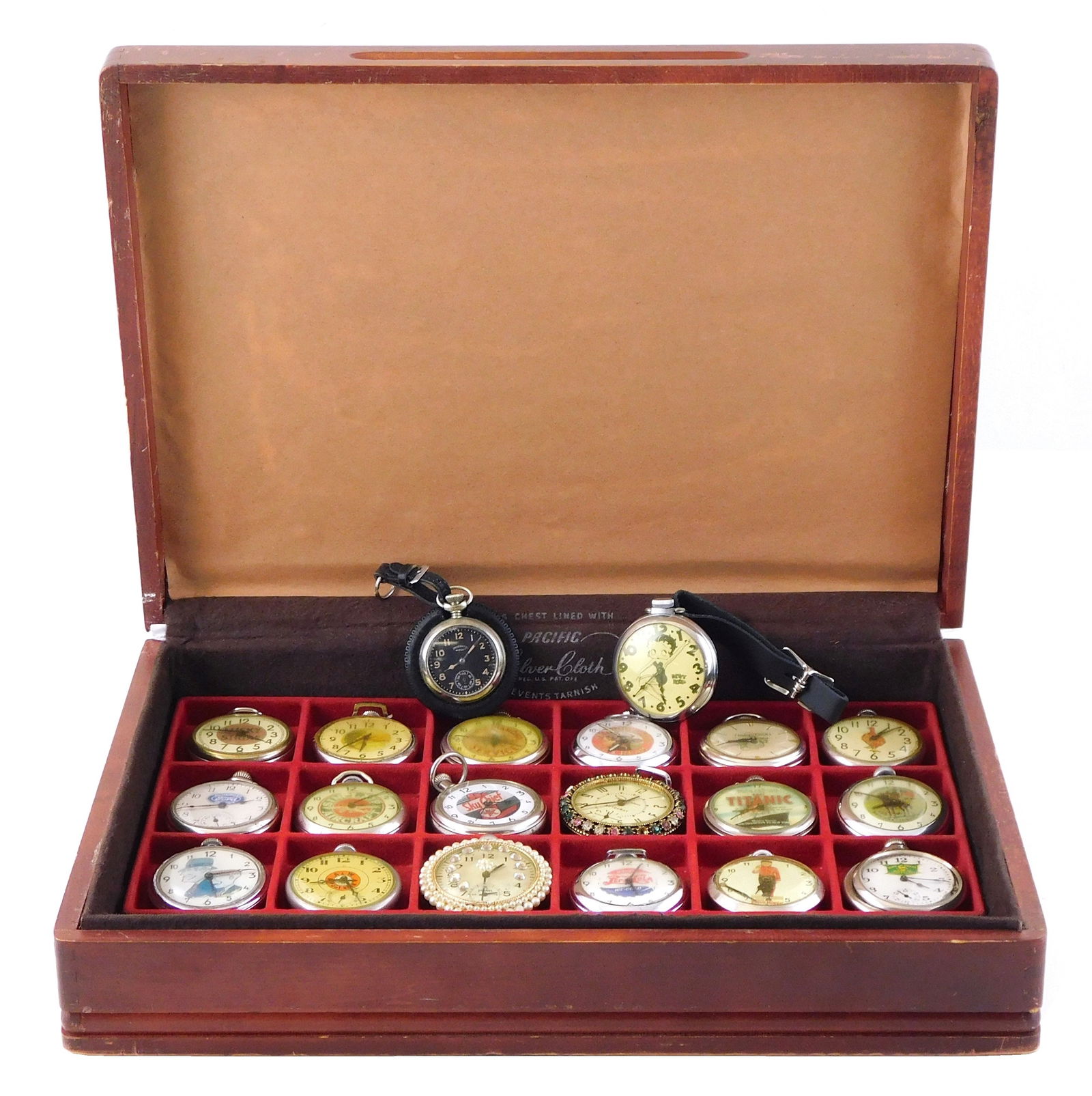 JEWELRY: 15+ Souvenir pocket watches, 20th C., all winding, themes include Betty Boop, Ford (1 of 2)