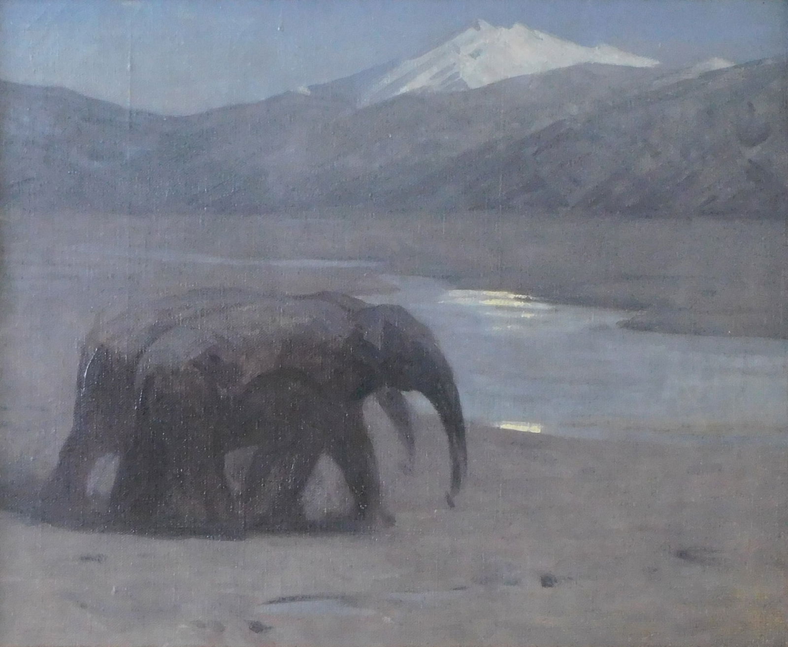 Late 19th/20th C. oil on canvas, depicting two elephants near watering hole at dusk, previously (1 of 2)