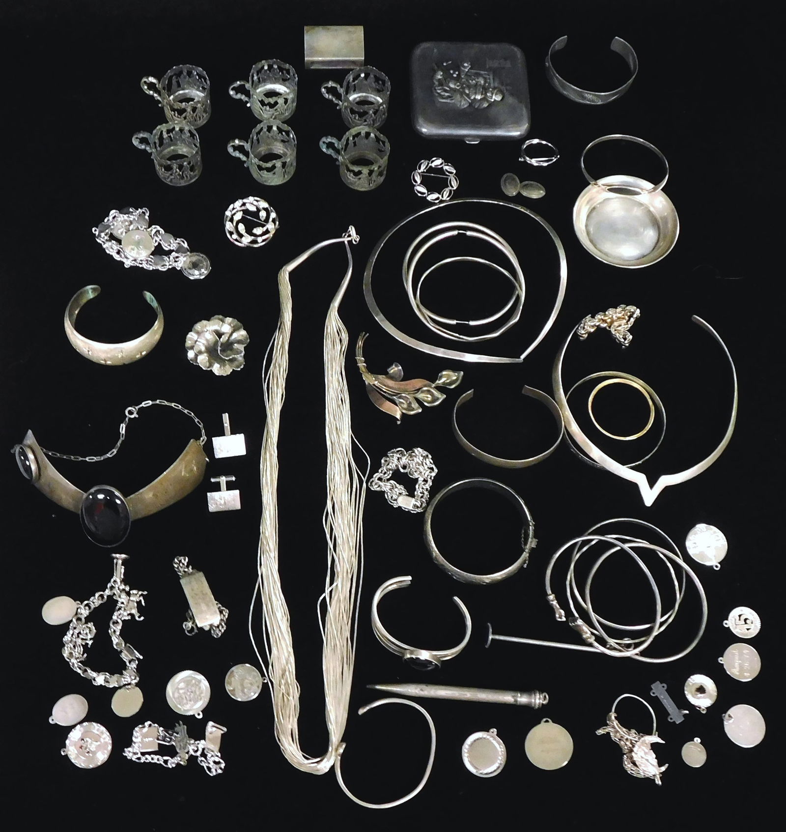 STERLING: Silver jewelry and accessories, some marked sterling, others tested silver, 30+ pieces,: STERLING: Silver jewelry and accessories, some marked sterling, others tested silver, 30+ pieces, including: 20+ pieces of sterling, highlights include charms and charm bracelets, mechanical pencil, c