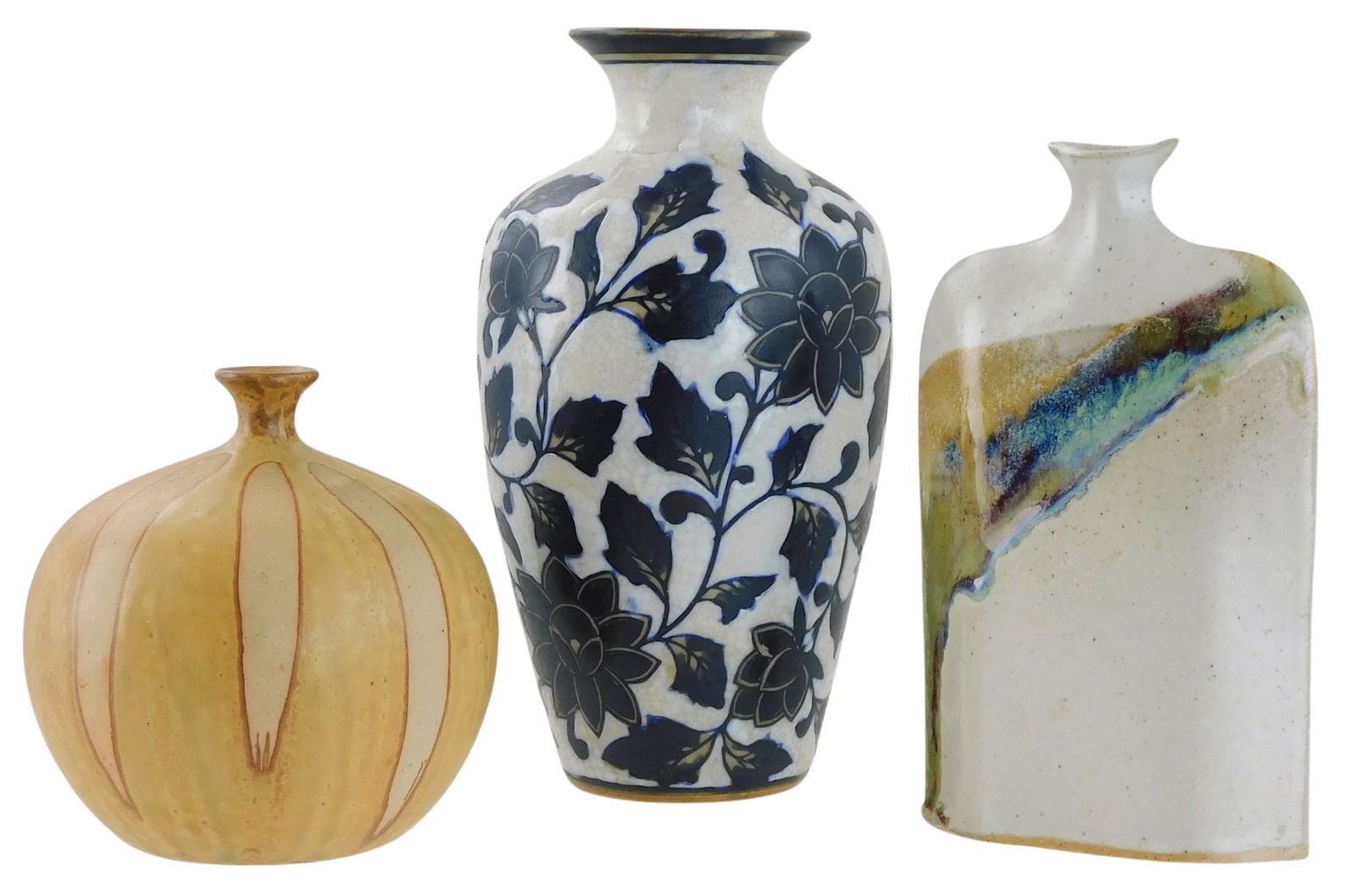 ART POTTERY: Three contemporary art pottery vases, including: Magnum Pottery flask shaped bud vase, (1 of 4)