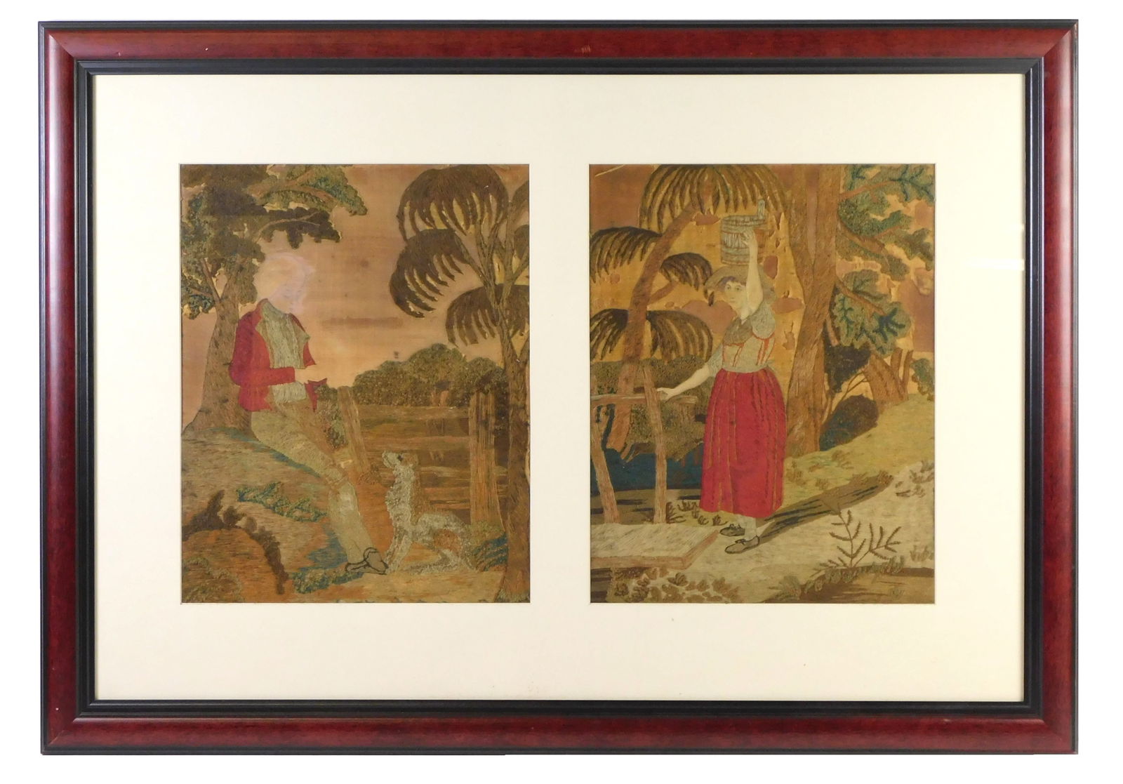 Two 19th C. Continental needlework panels, one of a man resting by a tree with a dog, the other of a (1 of 5)