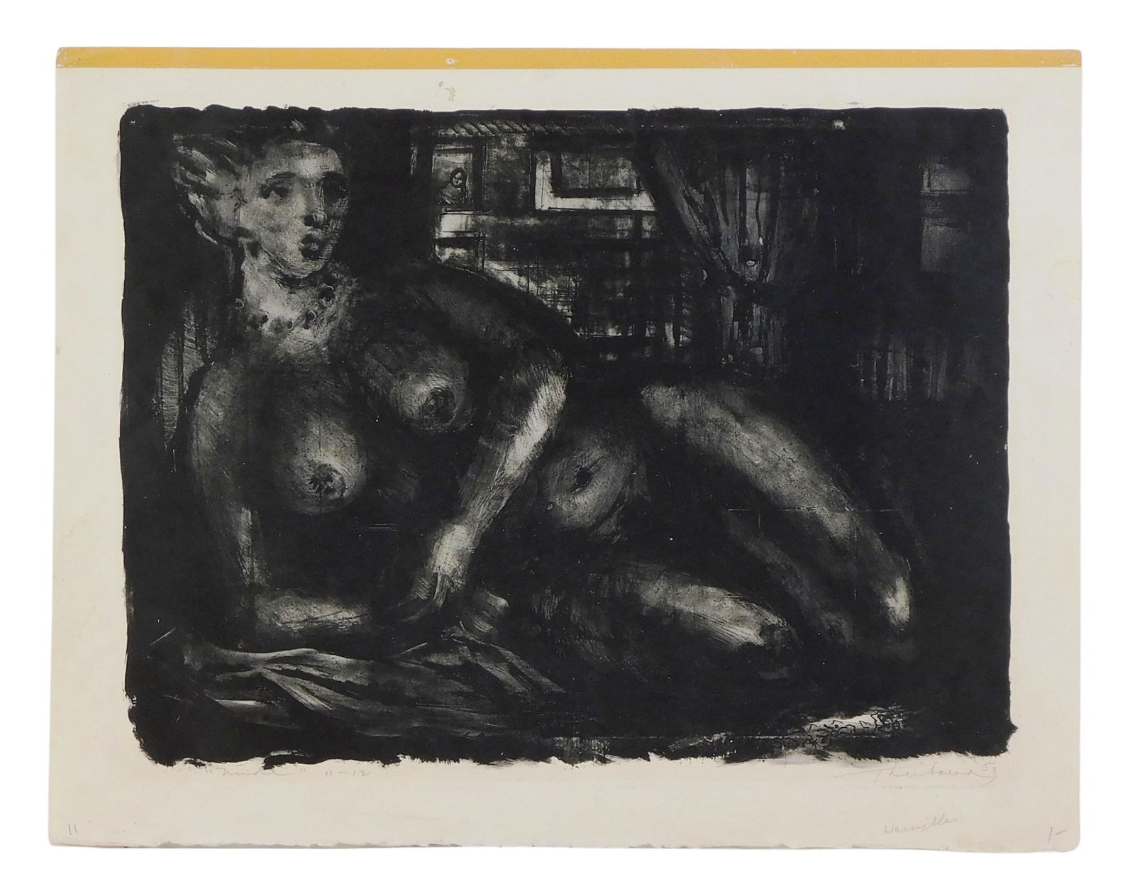 Wayne Thiebaud (American, 1920-2021), "Nude", 1953, lithograph, depicts a woman in relaxed pose: Wayne Thiebaud (American, 1920-2021), "Nude", 1953, lithograph, depicts a woman in relaxed pose nude, signed lower right, watermarked lower left, unframed, wear consistent with age including deckled e