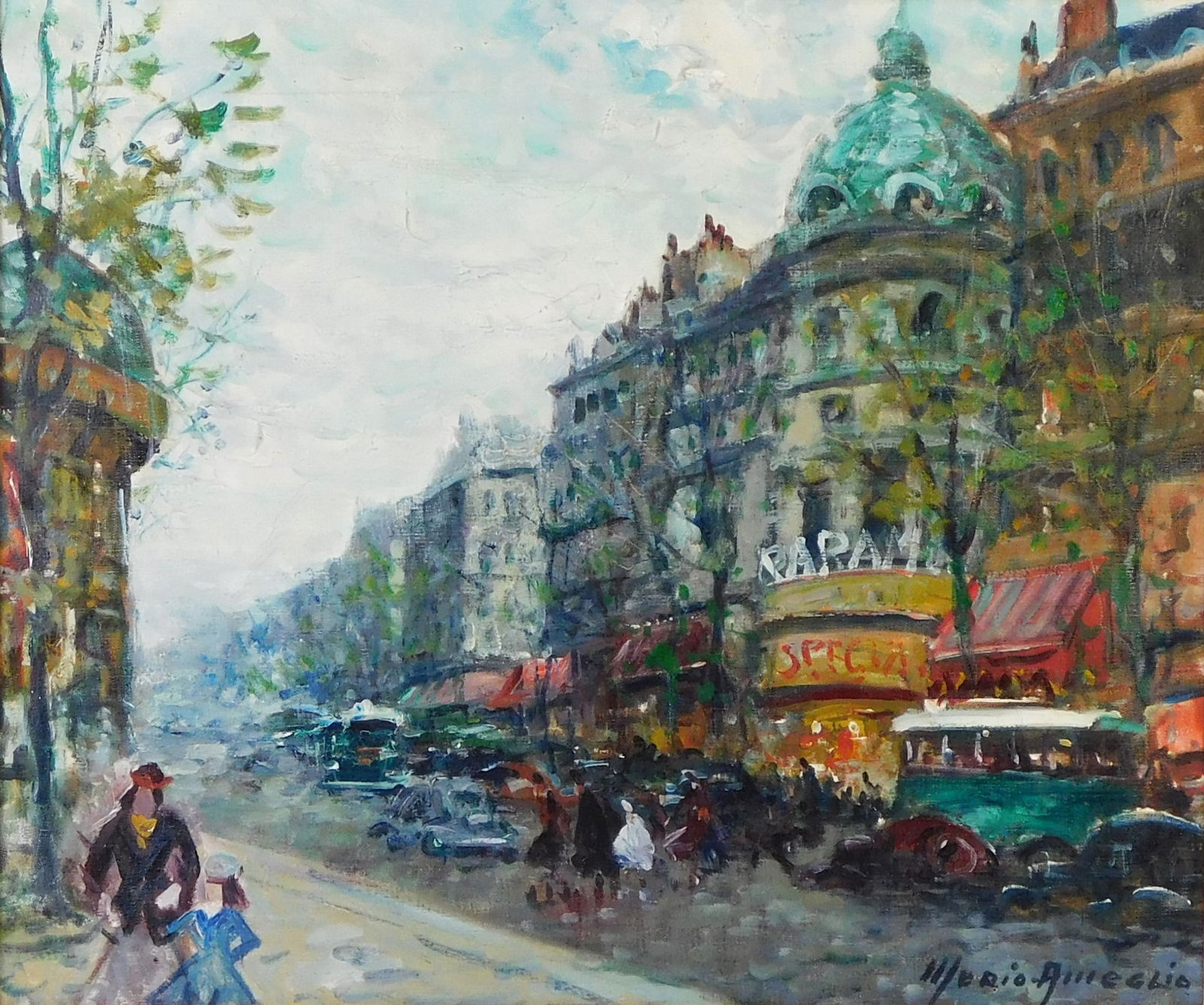 Merio Ameglio (Italy/France, 1897-1970), "Les Boulevards, Paris", oil on canvas, busy street lined (1 of 5)