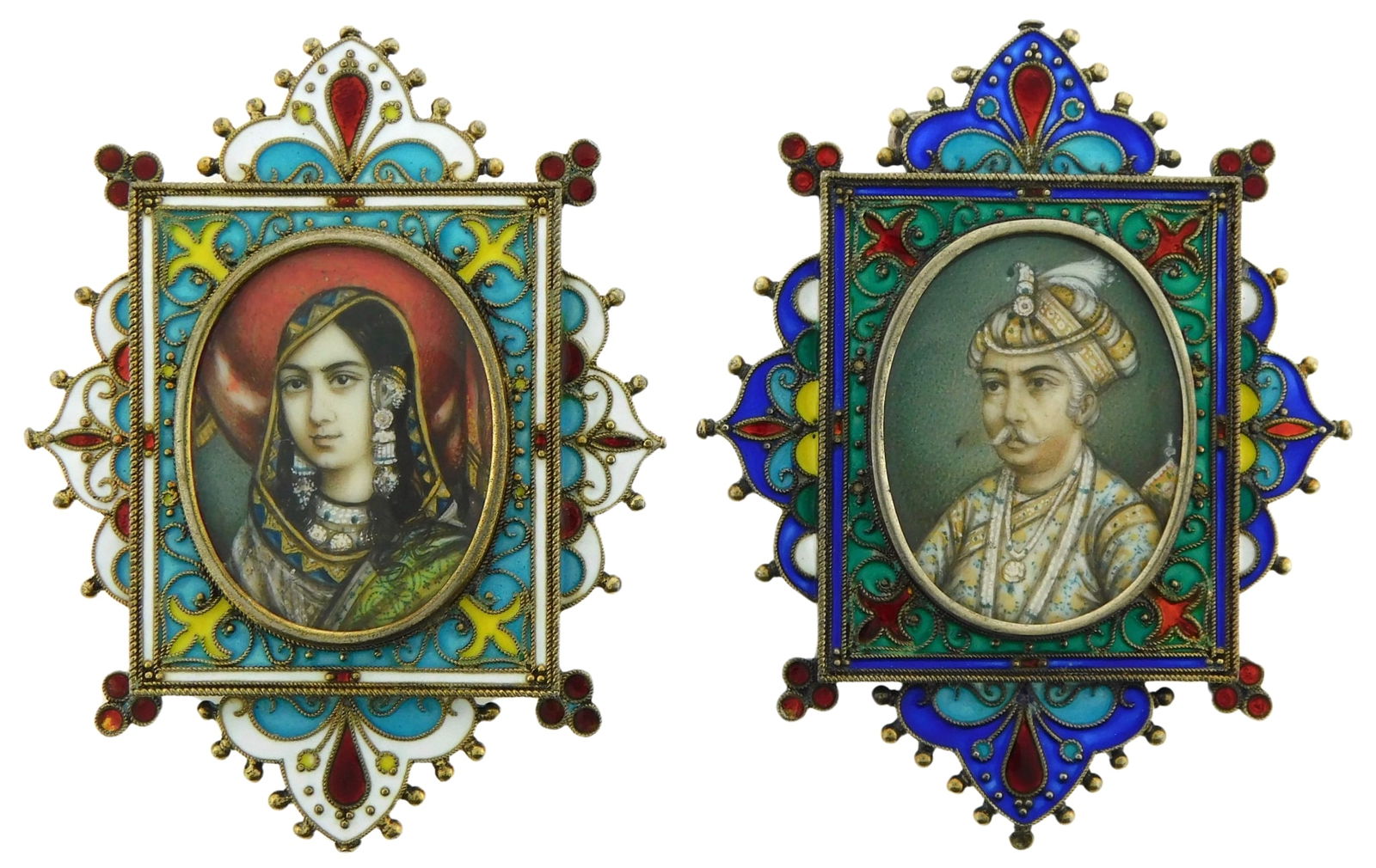 ASIAN: Two silver pendants, depicting a Mughal Emperor and wife, on oval supports, in silver frames (1 of 3)