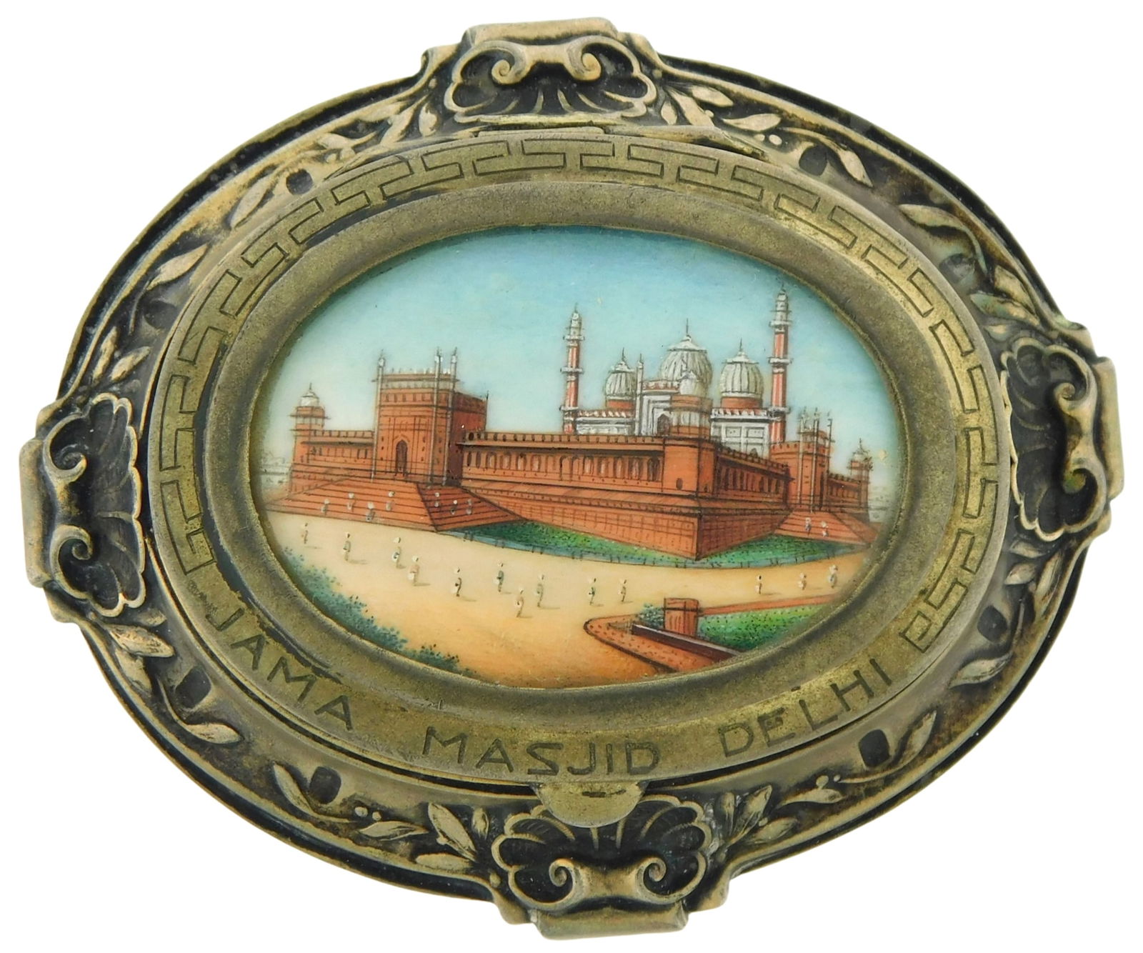 ASIAN: Moghul miniature painting of Jama Masjid, Delhi, on silver trinket box, with shell motif, (1 of 5)