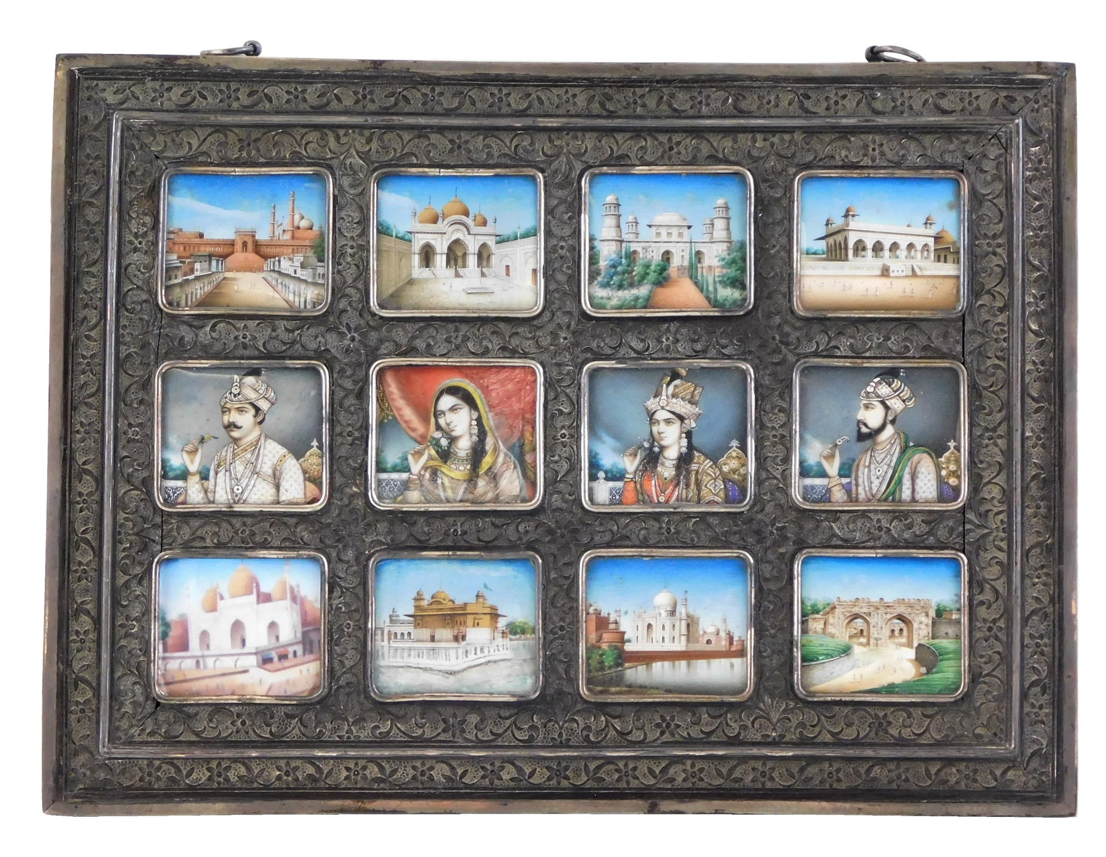 ASIAN: Twelve Mughal images, 19th C., including portraits and famous landmarks, displayed in carved (1 of 6)
