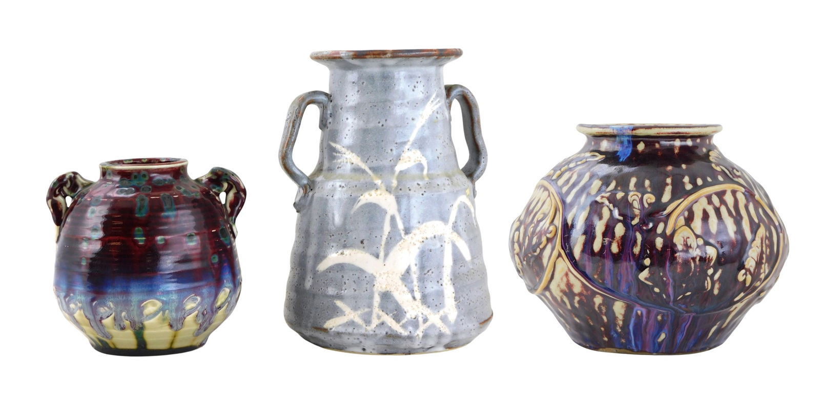 ASIAN: Three pieces of contemporary art pottery, two signed, including: short handled vase with wide (1 of 5)