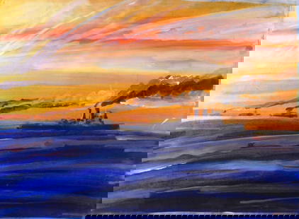 Robert Andrew Parker (New York, 1927-2024), "Battleships in Line", 1977, watercolor on paper,: Robert Andrew Parker (New York, 1927-2024), "Battleships in Line", 1977, watercolor on paper, abstract depiction of four early 20th C. steam battleships in formation sailing during dusk or dawn, signe