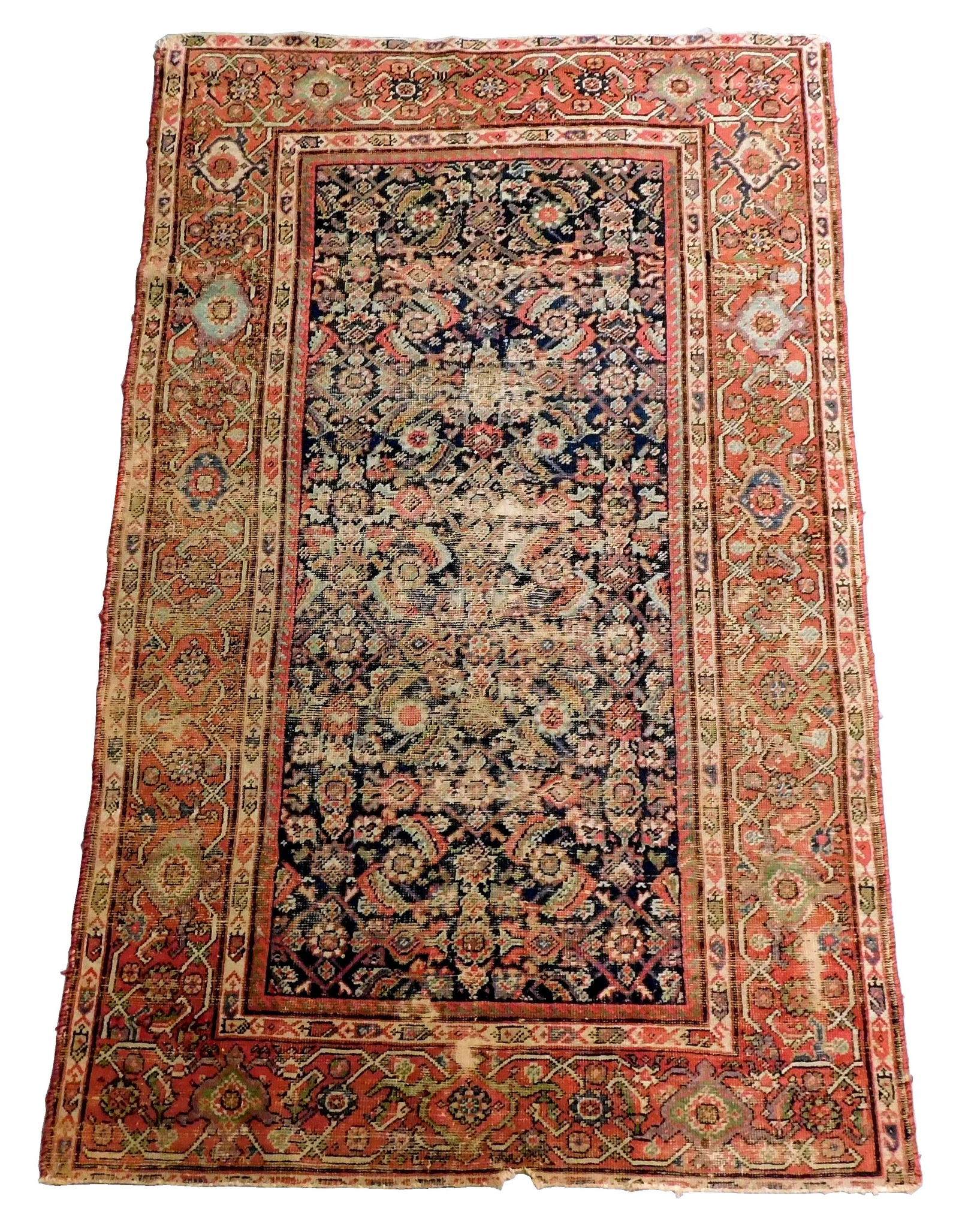 RUG: Antique Persian Ferraghan, 6' 4" x 3' 10", navy blue field with allover lattice design to (1 of 3)