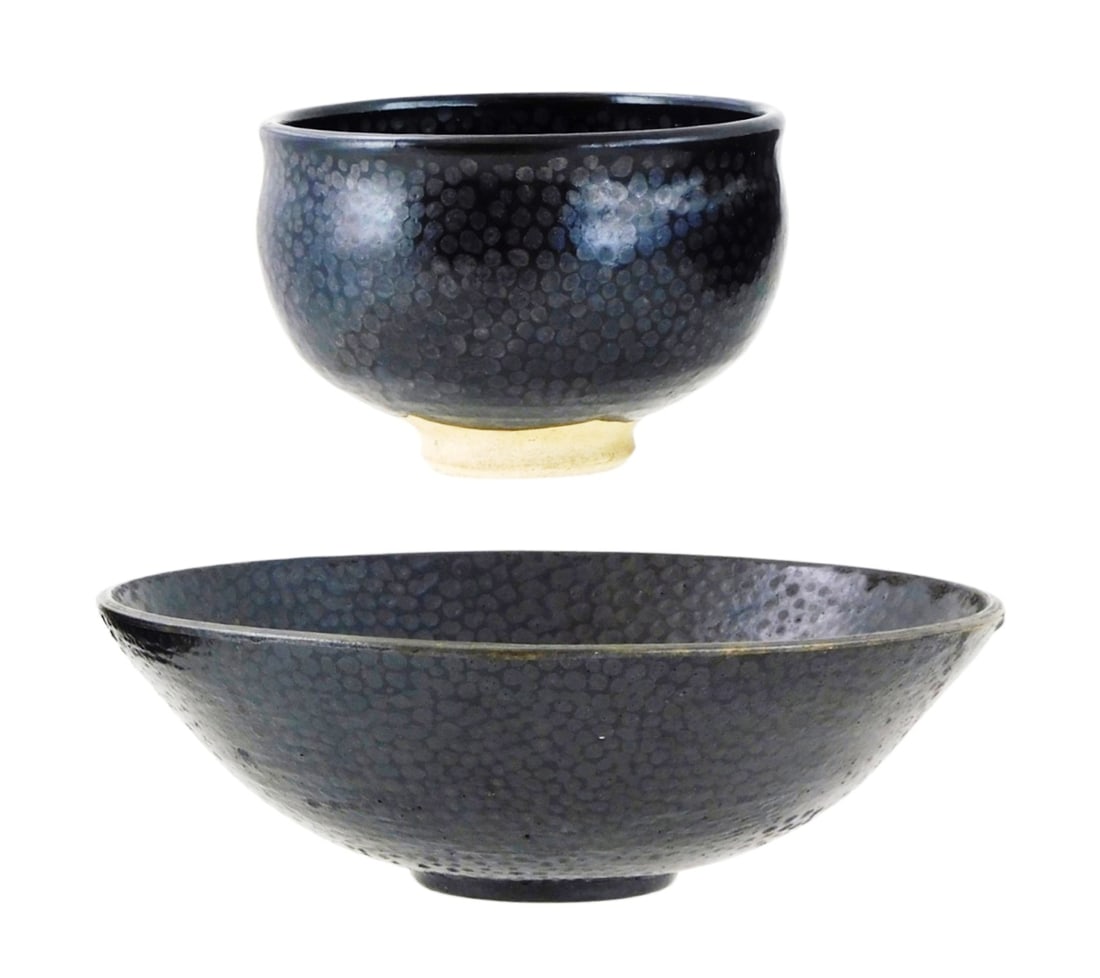 ASIAN: Two contemporary Chinese art pottery bowls, black glazed earthenware with dot pattern, each (1 of 4)