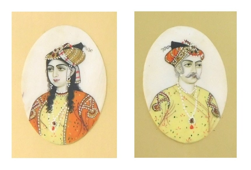 ASIAN: Moghul Emperor Akbar and Empress Jobhai, late 19th C., miniature portraits on oval supports, (1 of 5)