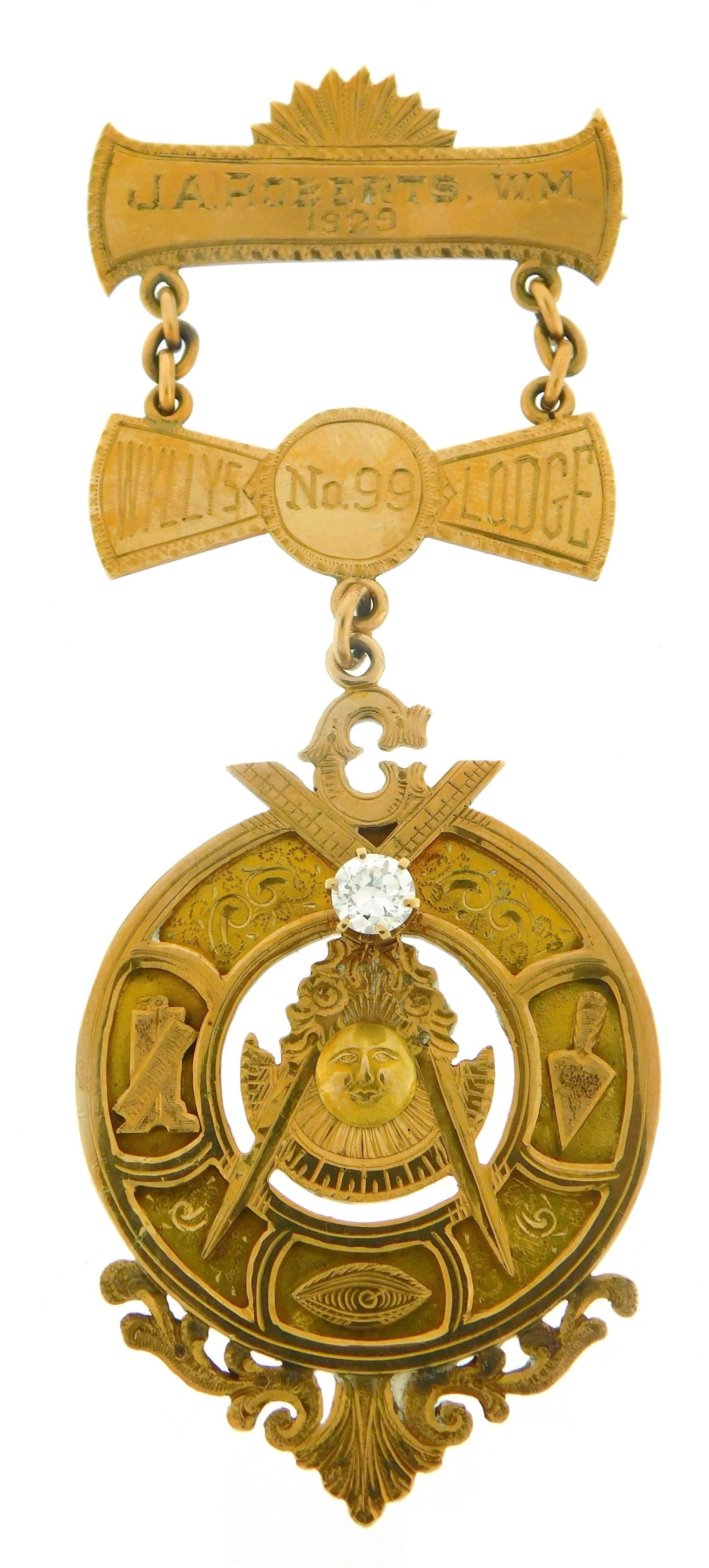 JEWELRY: 14K Freemason diamond medal pin, tested 14k gold, separated into three sections, including: (1 of 3)