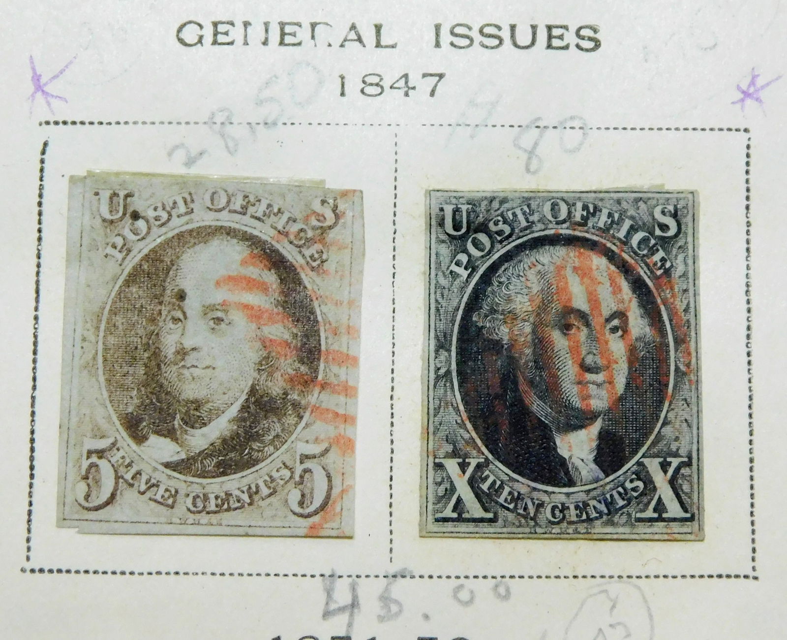 STAMPS: Scotts "National Stamp Album" 1914 edition, contents include: Scott numbers 1, 2, 13, 38, (1 of 6)