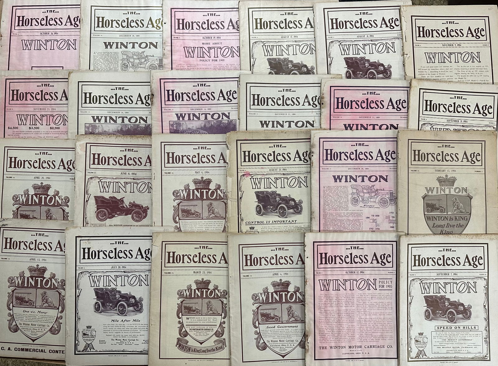 Collection of Horseless Age magazines - twenty-four 1904, sixteen 1905, twelve 1906, 52 total, gd to (1 of 3)