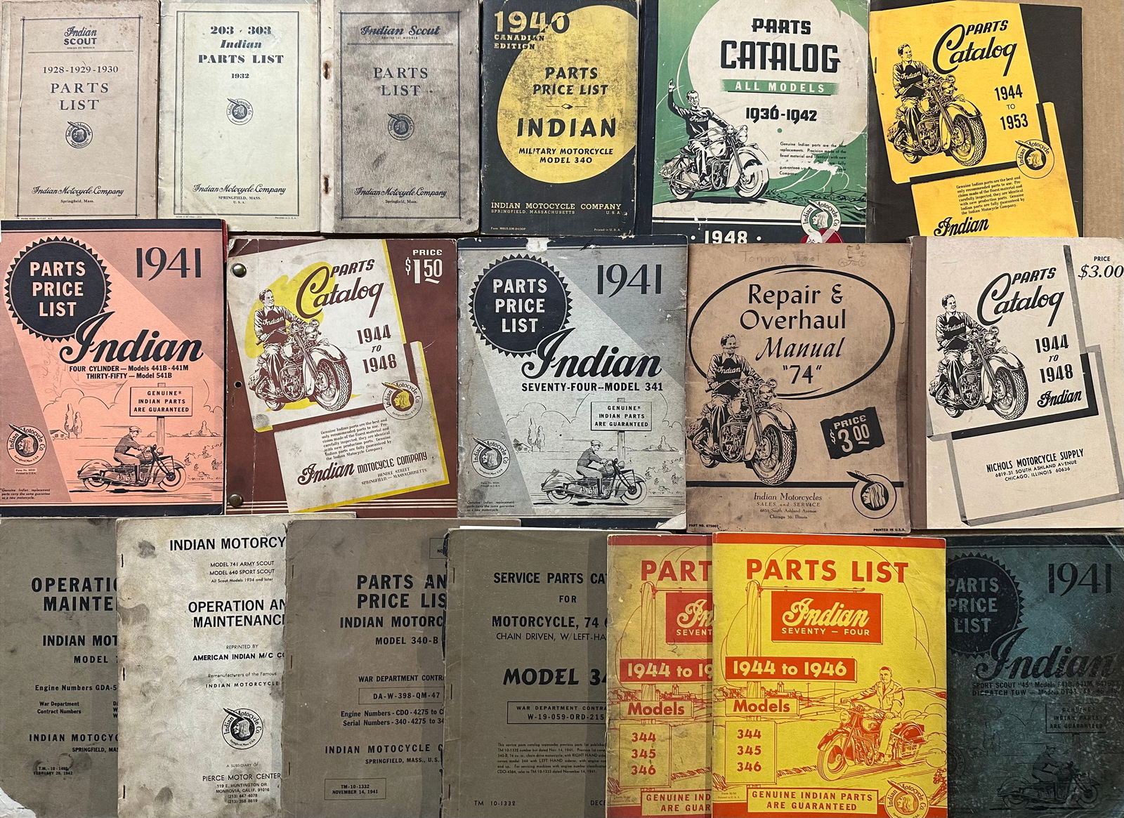 Eighteen Indian motorcycle parts and repair manuals from 1928 to 1946, fair to vg condition, [NOTE: (1 of 2)