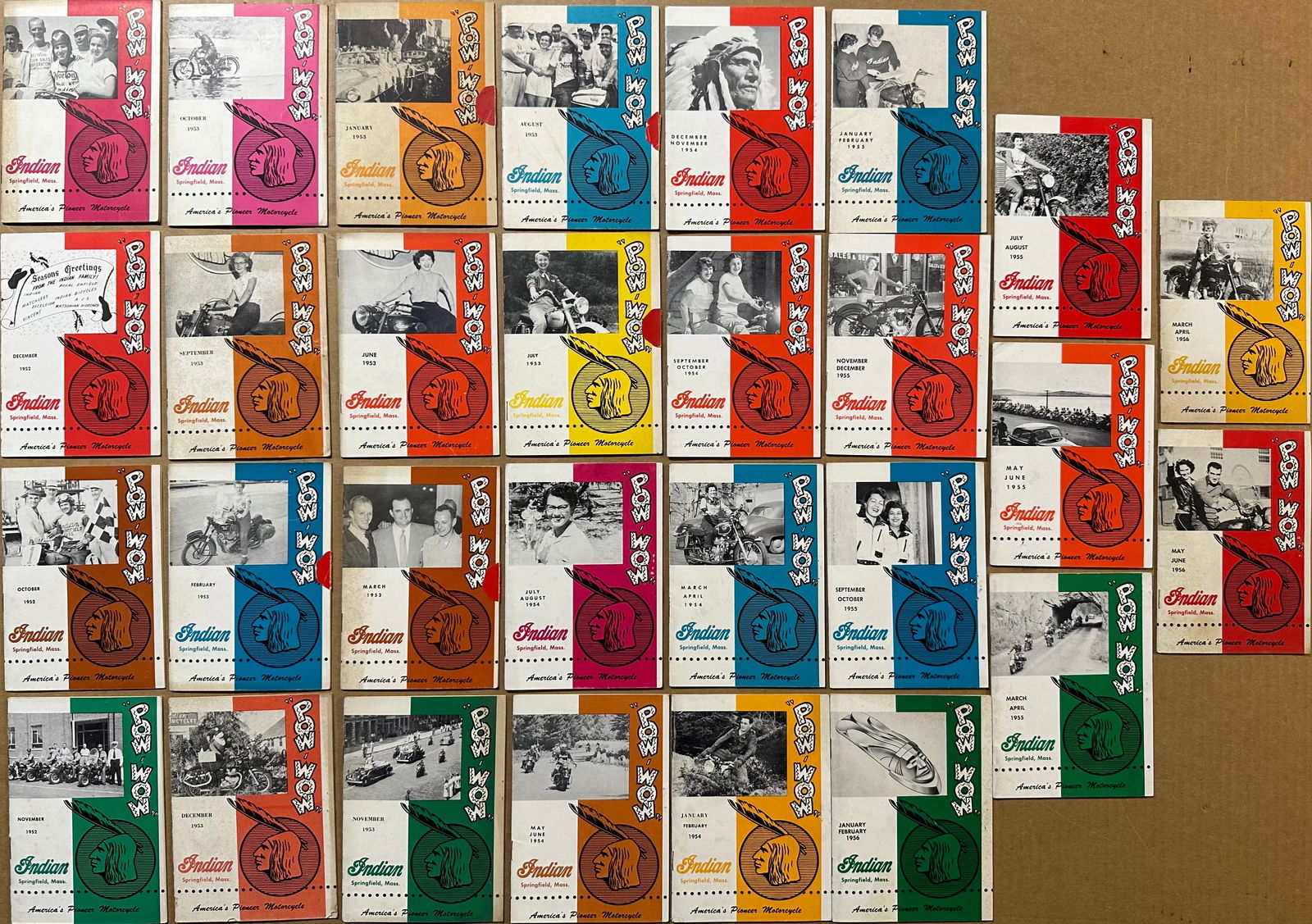Twenty-nine issues of Pow-Wow, monthly published by Indian Motorcycle, issues from 1952 to 1956, vg (1 of 3)