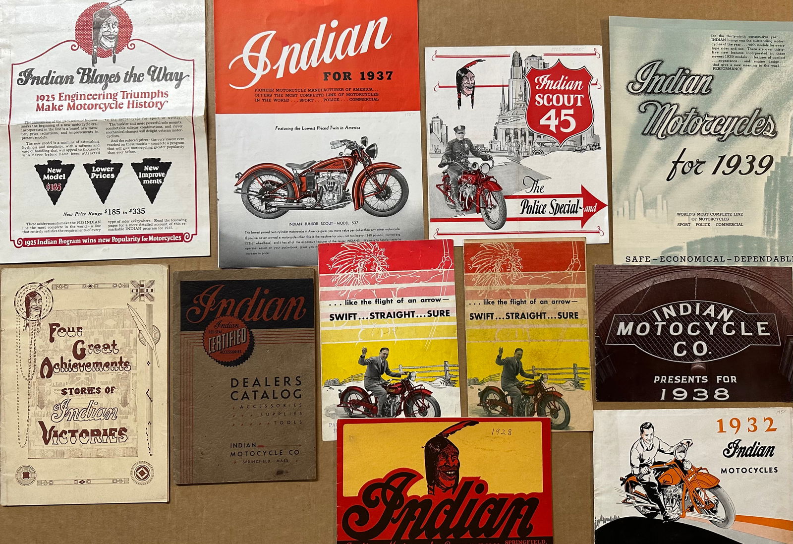 1925 - 1939 Indian motorcycle brochures - eleven total, including 1925 - 8 pg, 1928 - 20 pg, 28 pg (1 of 3)