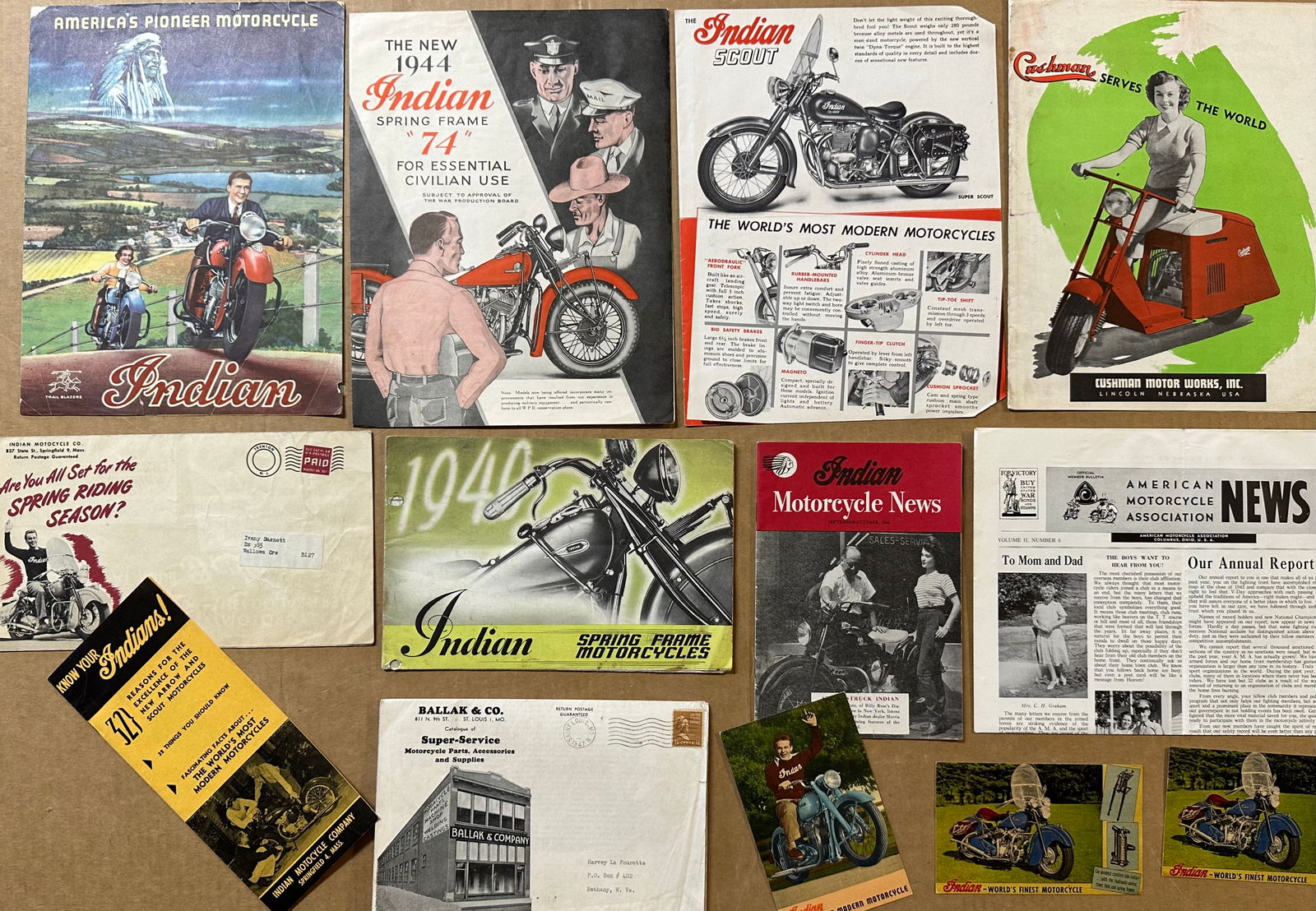 Thirteen items - ten 1940-1949 Indian, includes three postcards, 1948 Cushman, 1945 AMA News, (1 of 2)