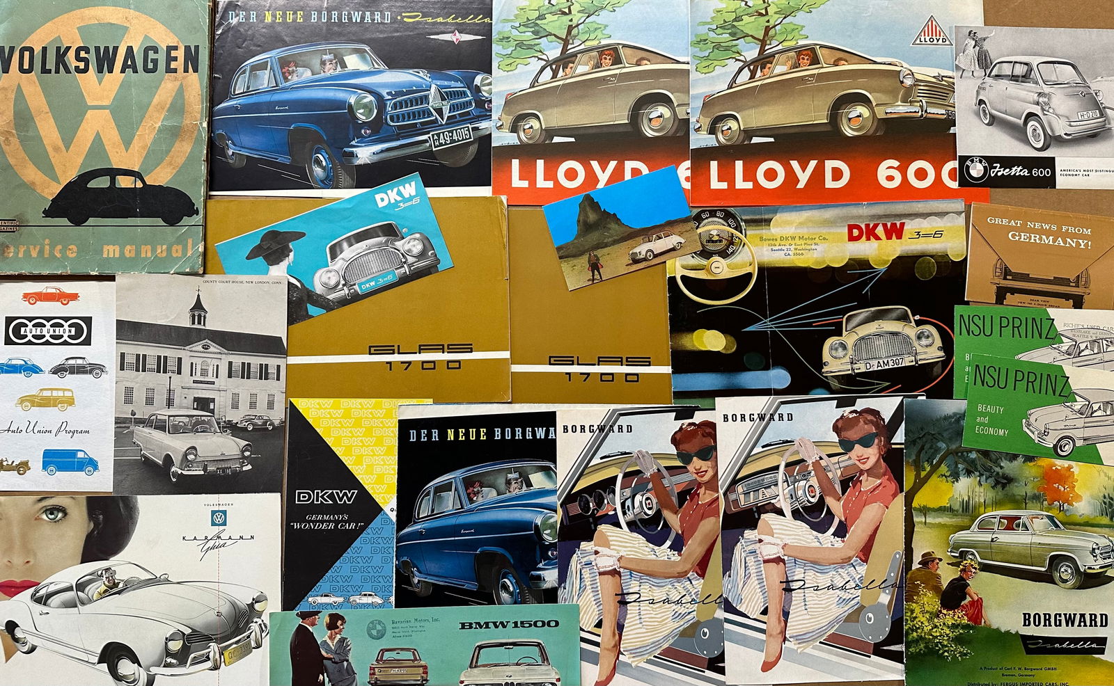 German car items from the 1950’s-1970’s - thirty four brochures, six manuals, nine (1 of 3)