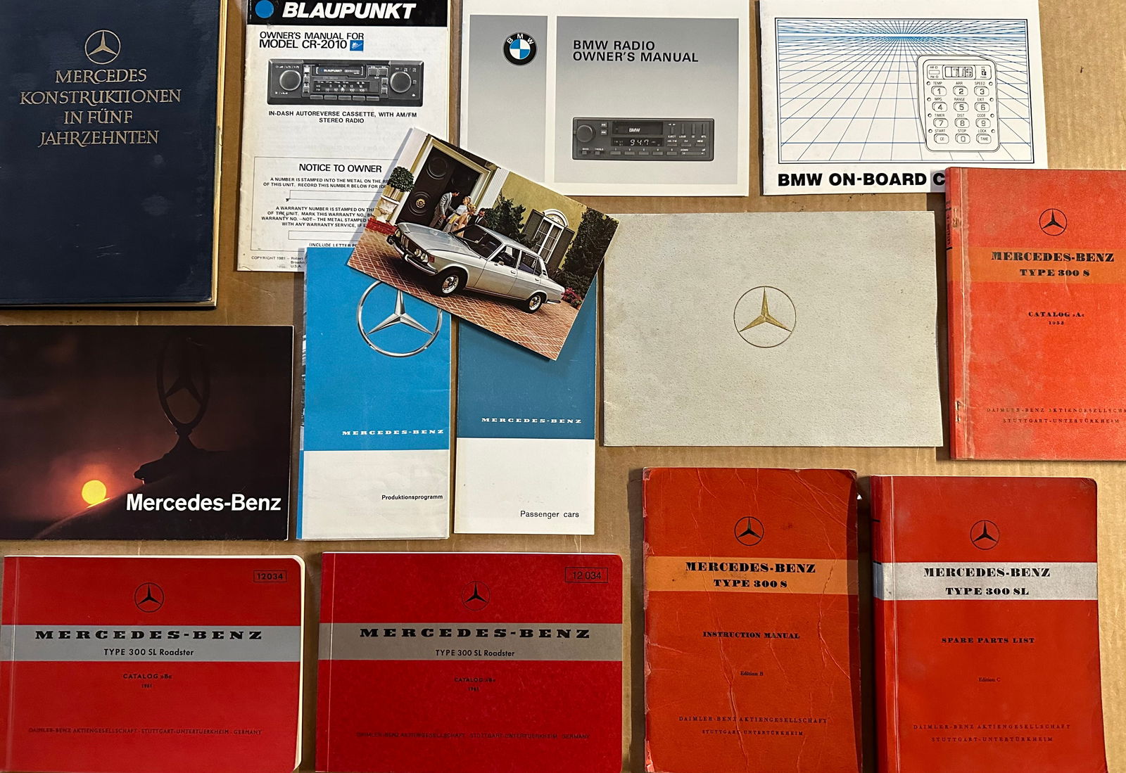 Mercedes and BMW items - three 300SL parts manuals, two 300 manuals, seven single sheets, 1951 Merc (1 of 2)