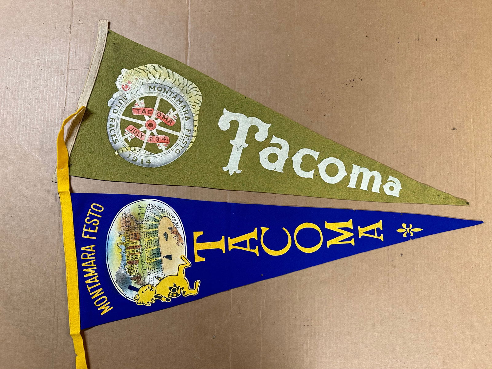 Two pennants from 1914 Tacoma WA (Montamara Festo) two mile dirt track races - the best drivers and (1 of 2)