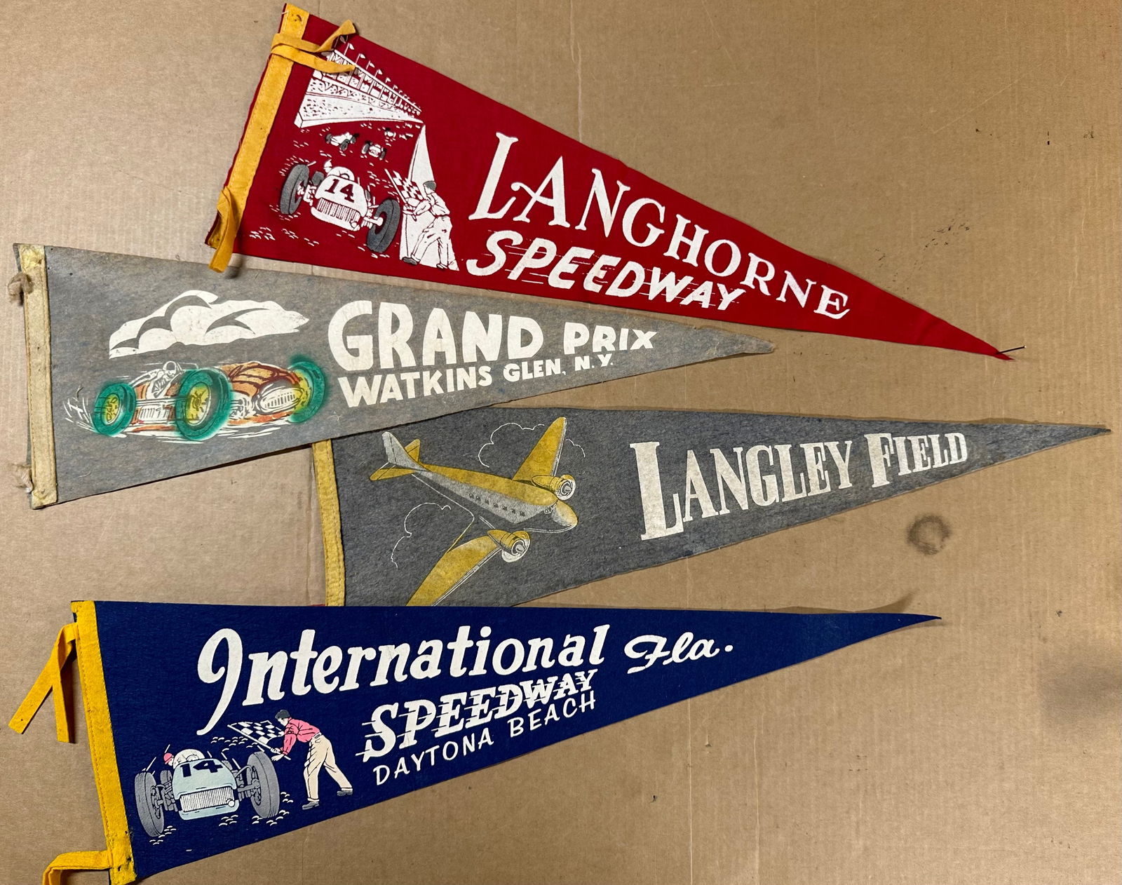 Four ca 1940’s-1950’s pennants - Langhorne, PA, 8.5 x 26, Watkins Glen, NY, 8.5 x 24, (1 of 3)