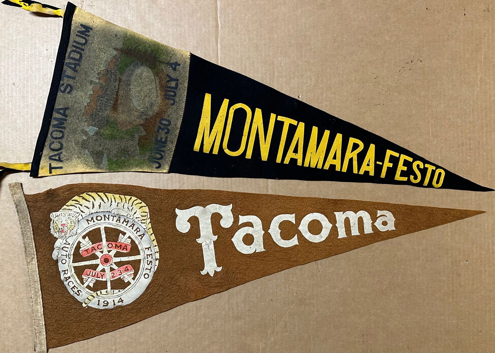 Two pennants from 1914 Tacoma WA (Montamara Festo) race, Earl Copper won the 250 mile race in a (1 of 2)