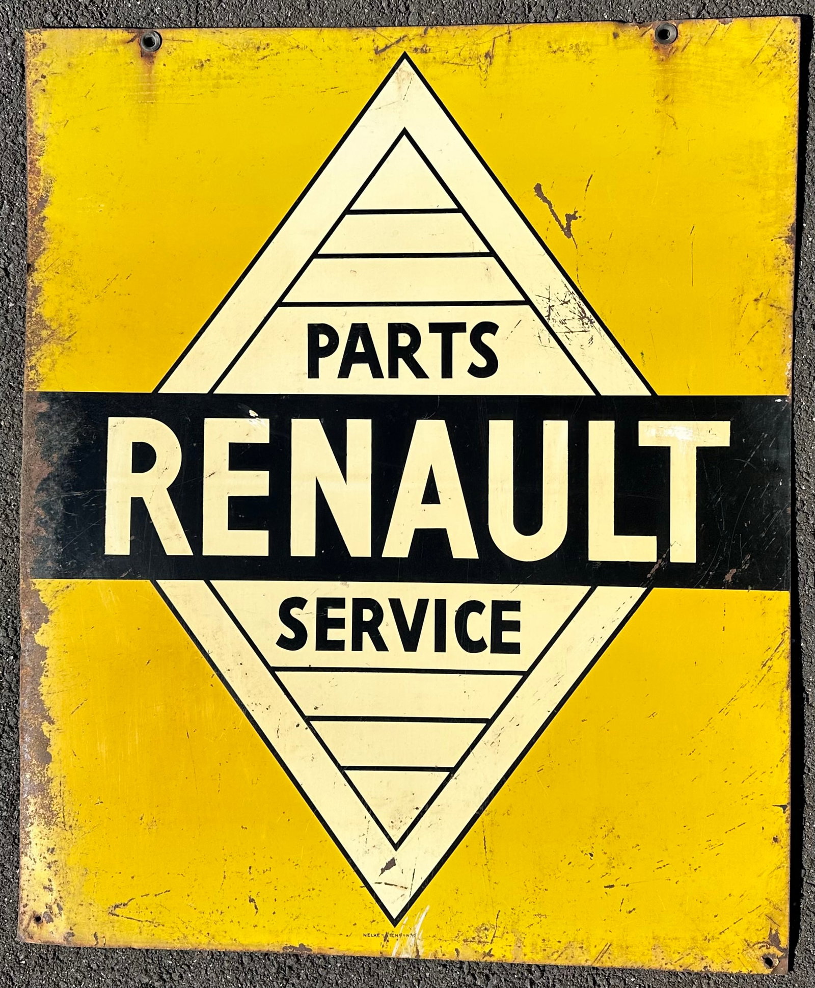 Renault painted double sided dealer sign, Renault is one of the worlds oldest manufacturers, company: Renault painted double sided dealer sign, Renault is one of the worlds oldest manufacturers, company started in 1898, present Renault Nissan alliance was formed in 1999, defects shown, 30 x 36 [NOTE: 