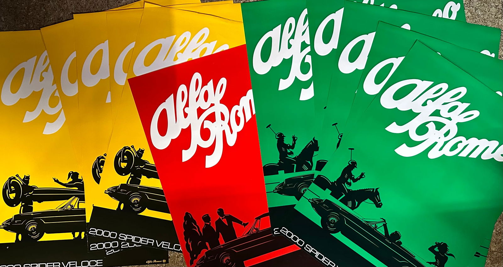 Eleven 1970’s-1980’s Alfa Romeo factory 2000 Spyder posters, five green, five yellow, (1 of 3)
