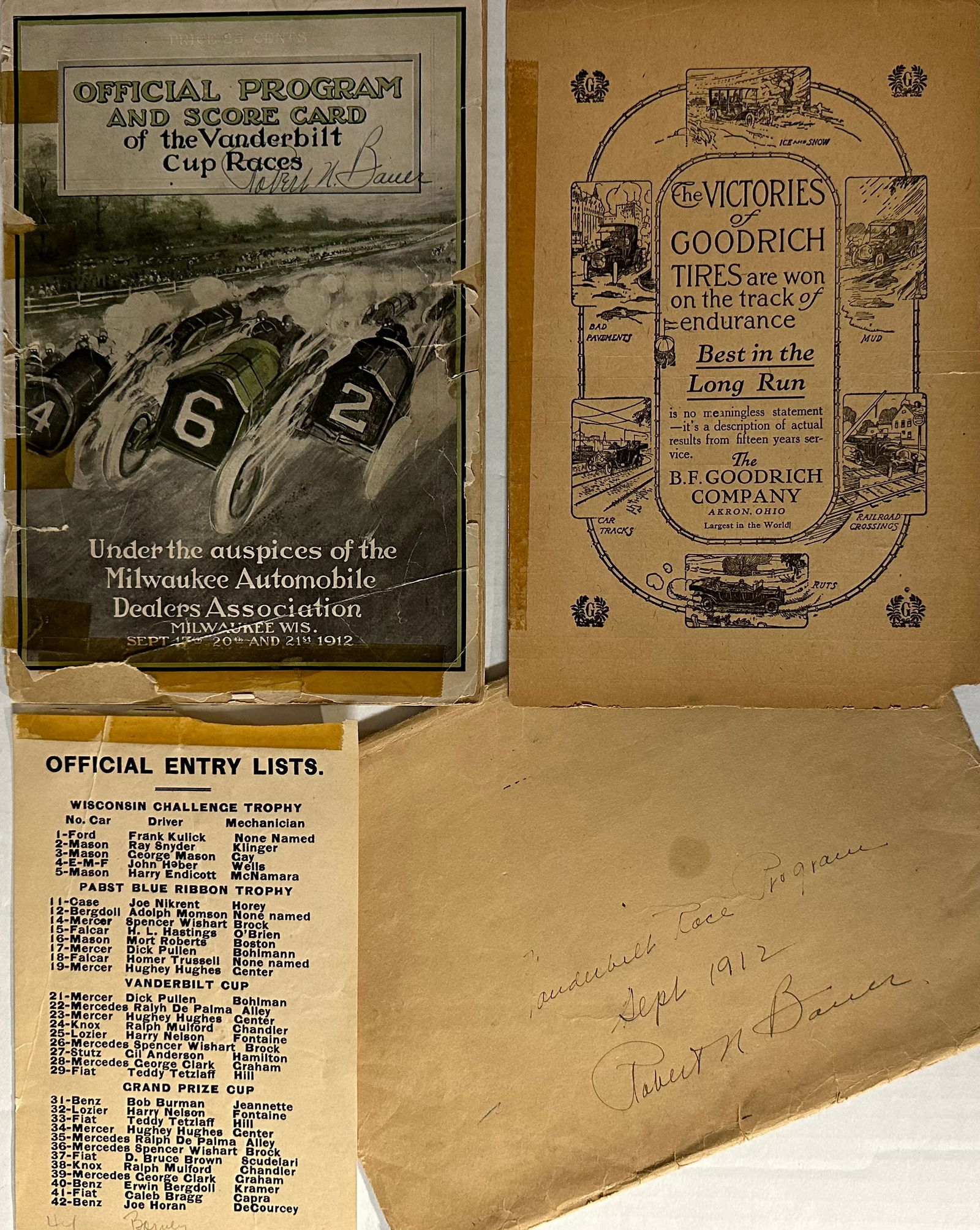 1912 Vanderbilt Cup Race (Milwaukee) program, score card, entry list, original envelope, race moved (1 of 3)