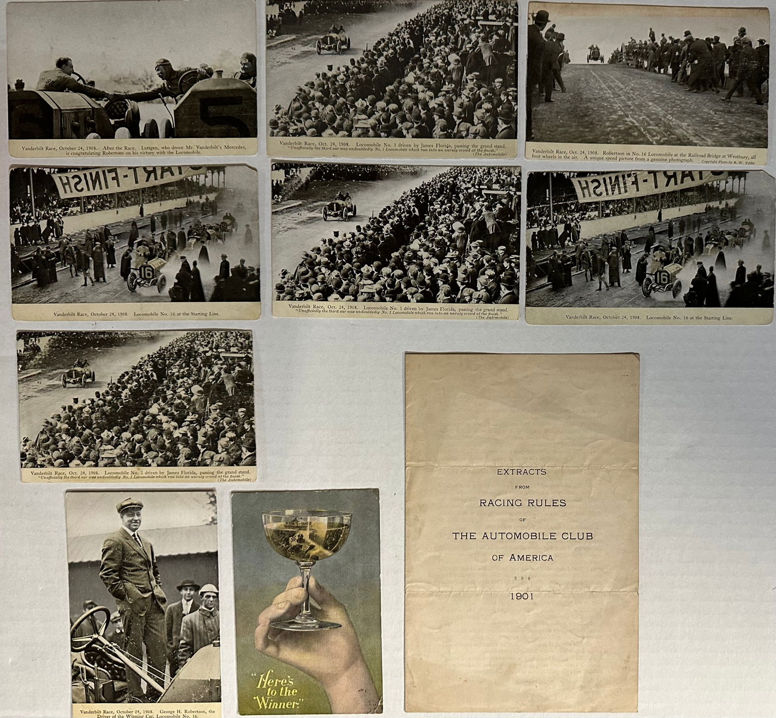 Early race items - nine original 1908 Vanderbilt Cup postcards - 1901 Extracts From Racing Rules of (1 of 4)