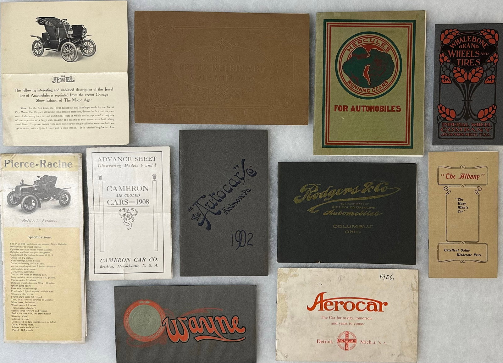 Eleven small size brochures from 1900-1907 - Autocar, Aerocar, Jewel, Pierce Racine, Imperial,: Eleven small size brochures from 1900-1907 - Autocar, Aerocar, Jewel, Pierce Racine, Imperial, Wayne, Albany, Cameron, Orient, Hercules Running Gears, Whalebone Wheels and Tires, gd to vg condition [N